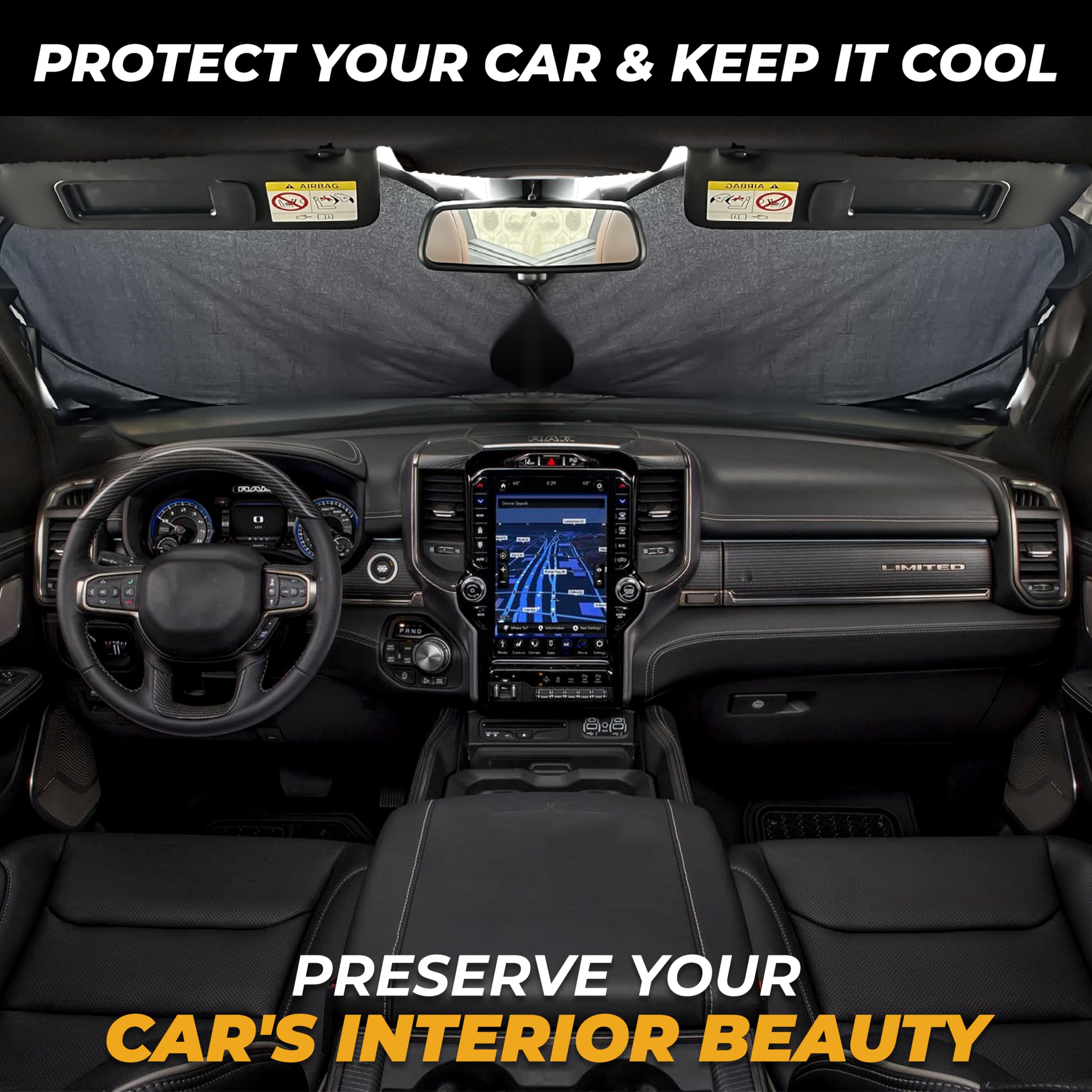 Autovir X-Large Truck Windshield Sun Shade - 240T Silver UV & Heat Blocker (69" x 35") - Summer Cooling Accessory