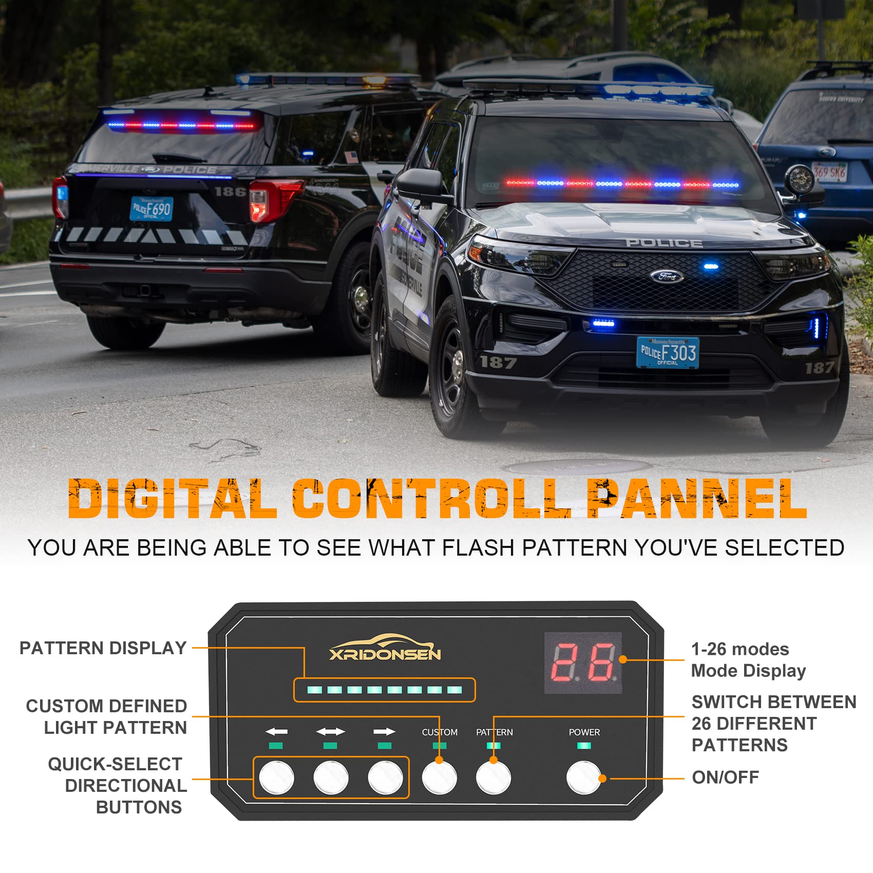 XRIDONSEN 35" Traffic Advisor Red Blue LED Strobe Light Bar for Emergency Vehicles, Aluminum Housing, Safety Hazard Warning Lights