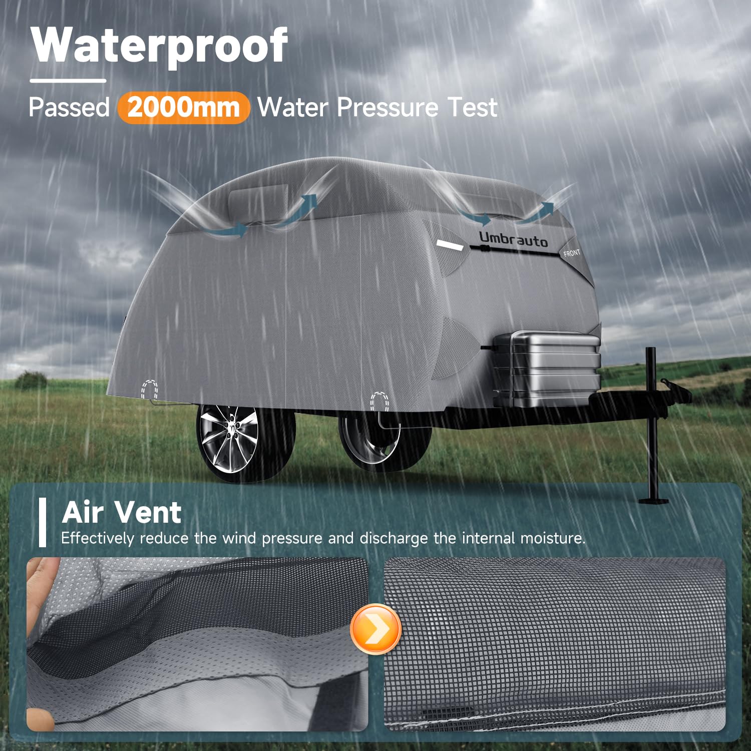 Umbrauto Teardrop Travel Trailer Cover - 7-Layer Waterproof, Fits 12-15FT, Heavy Duty, Windproof Strap for R-Pod & Clamshell Trailers