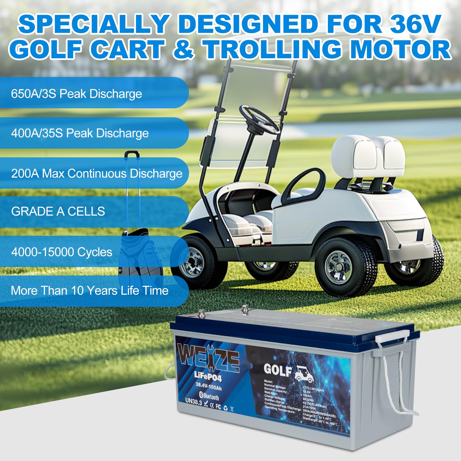 WEIZE 36V 105AH Golf Cart LiFePO4 Battery with 25A Charger, LCD Display, 200A BMS, Low-Temp Protection, Model BAC-0125V