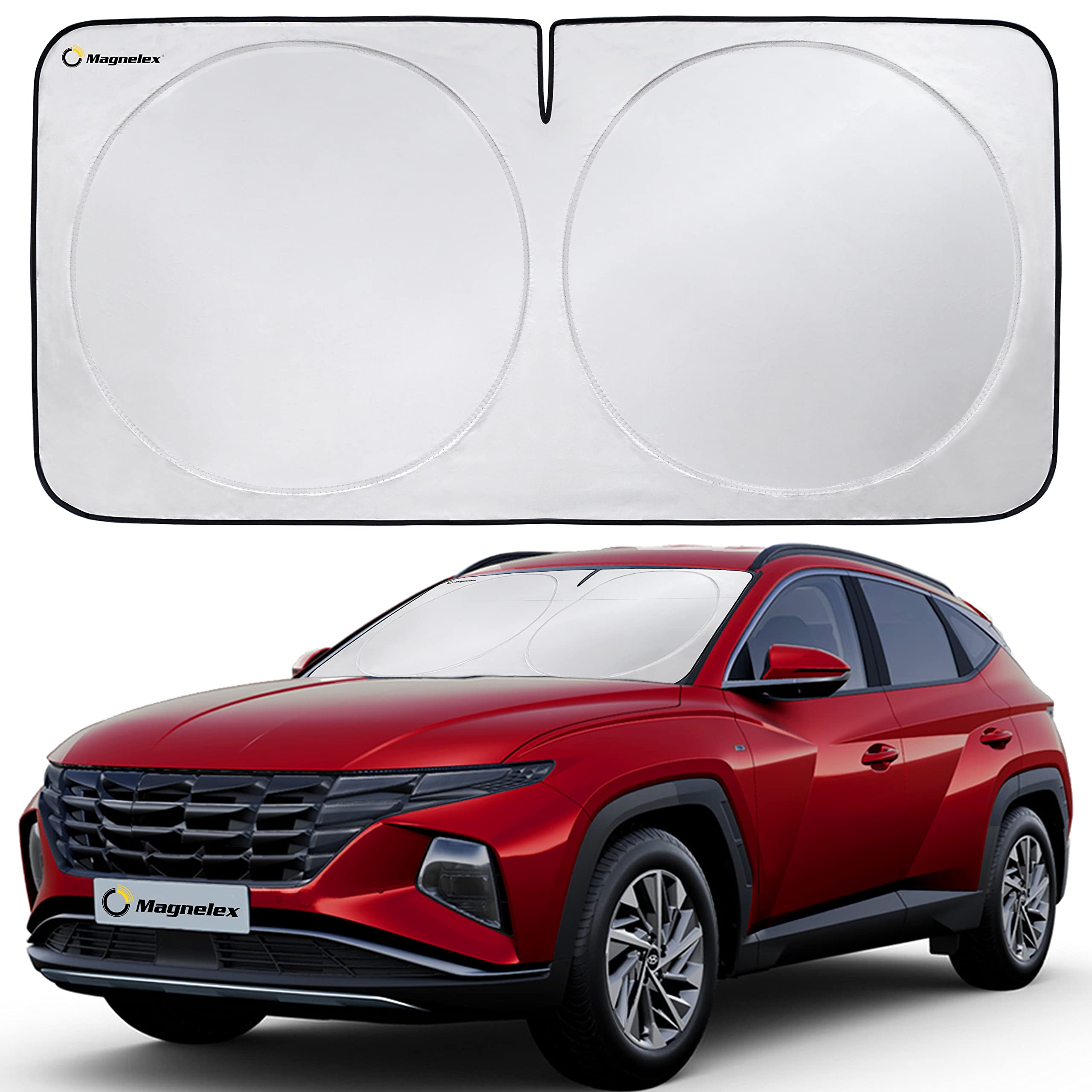 Magnelex Car Windshield Sun Shade With Storage Pouch. Reflective 240T Material Car Sun Visor With Mirror Cut-Out For Car, Truck, Van Or Suv. Foldable Sun Shield For Sun Heat And Uv Protection (Large)