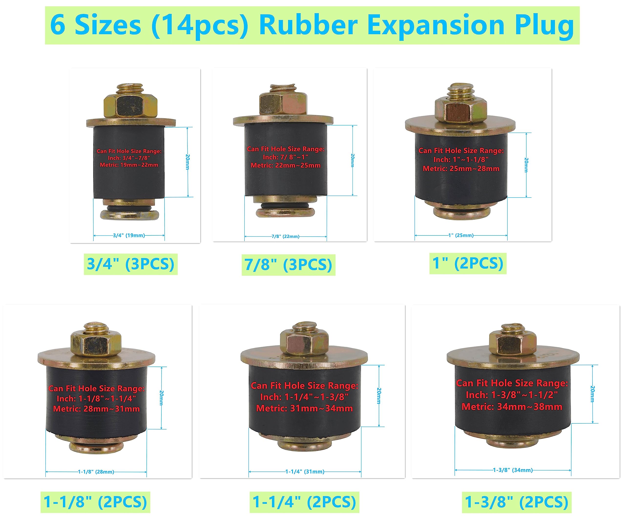 Dsnaduo Neoprene Rubber Expansion Plug Set - 14pcs, Fits 3/4" to 1-1/2", Model DP19-38, Durable Automotive Frost Plug