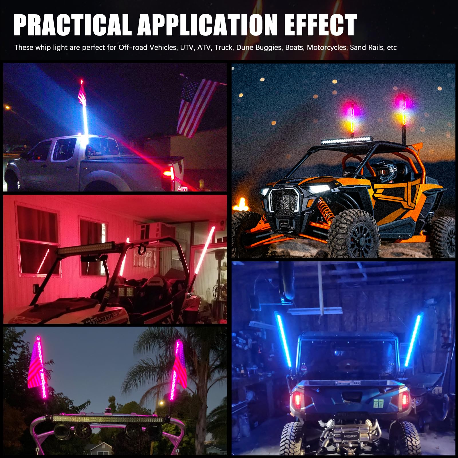DREAMOTOR Whip Lights, 2Pcs 1FT Spiral RGB LED Whip Lights for Side by Side with Wireless Remote and APP Control, RGB Chasing Li