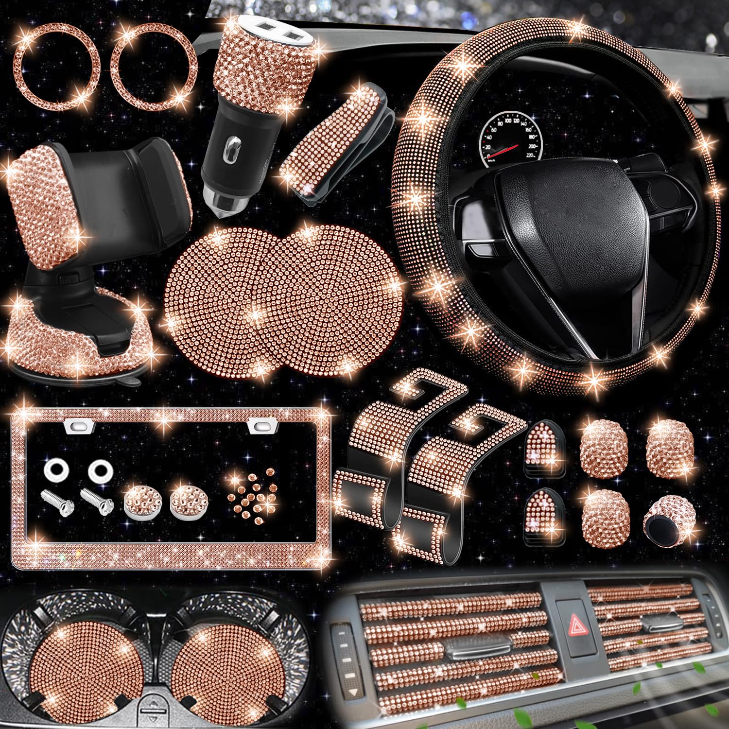Nbtepem 27 Pcs Gold Champagne Bling Car Accessories Set For Women, Bling Steering Wheel Covers Universal Fit 15 Inch, Bling Lice