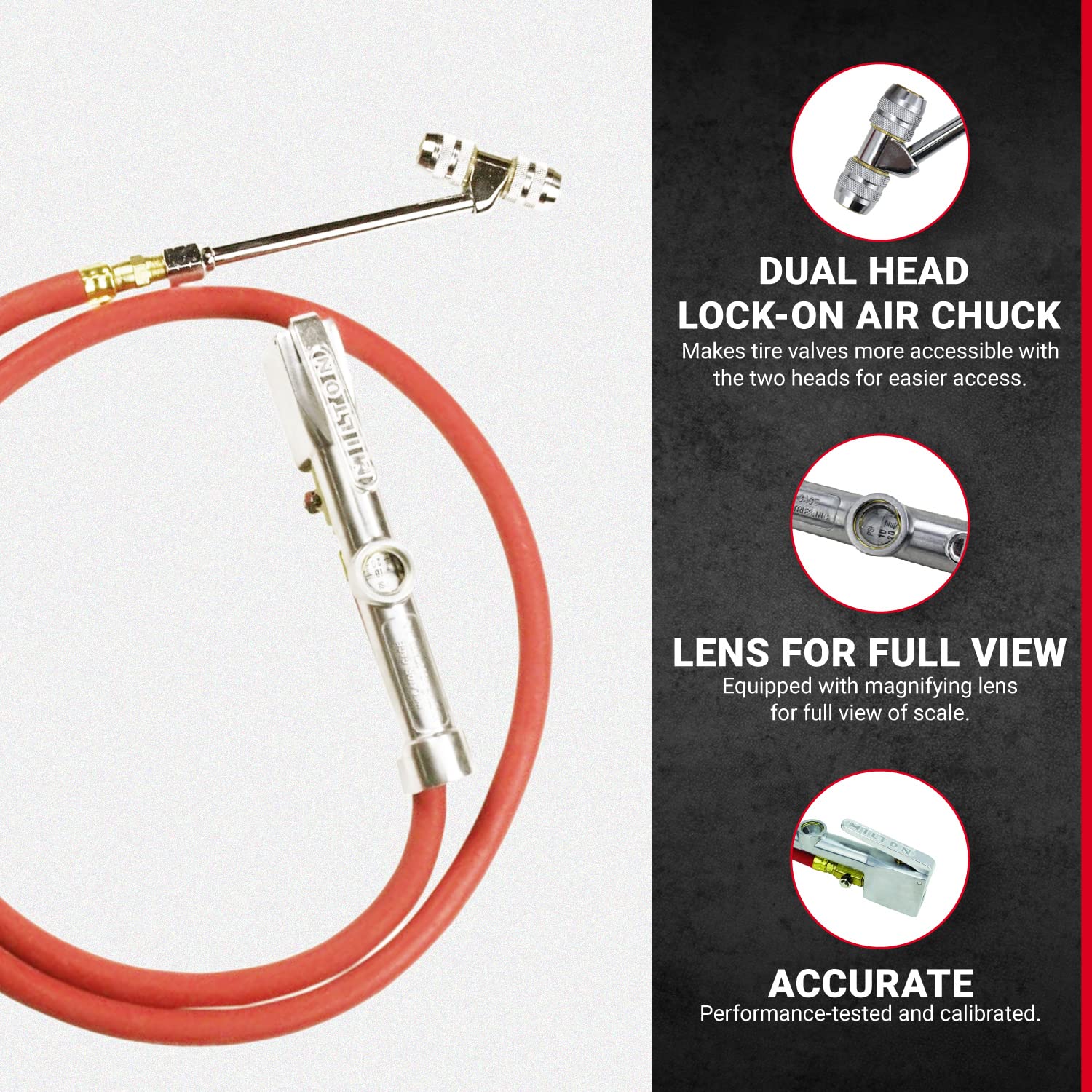 Milton 553 Heavy-Duty Truck Tire Inflator with Pressure Gauge, 5' Hose Dual Lock-on Air Chuck, Made in USA (OSHA Compliant) 10-1