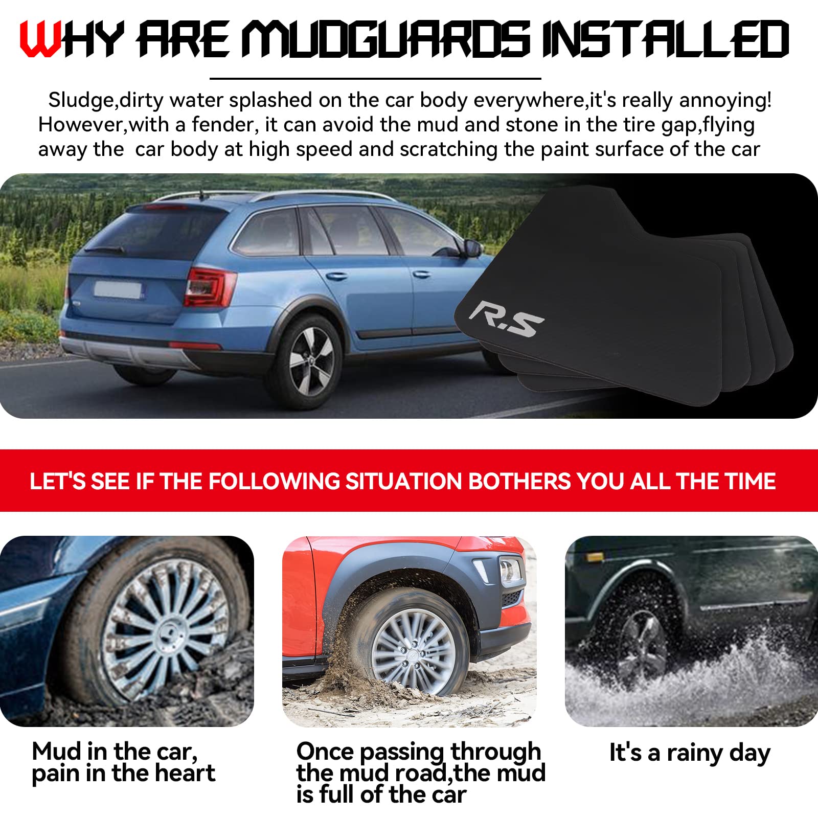 XUKEY Universal Mudflaps - 4pcs Black Splash Guards for Car/SUV/Truck, 15.2x11.5in, Polypropylene Material