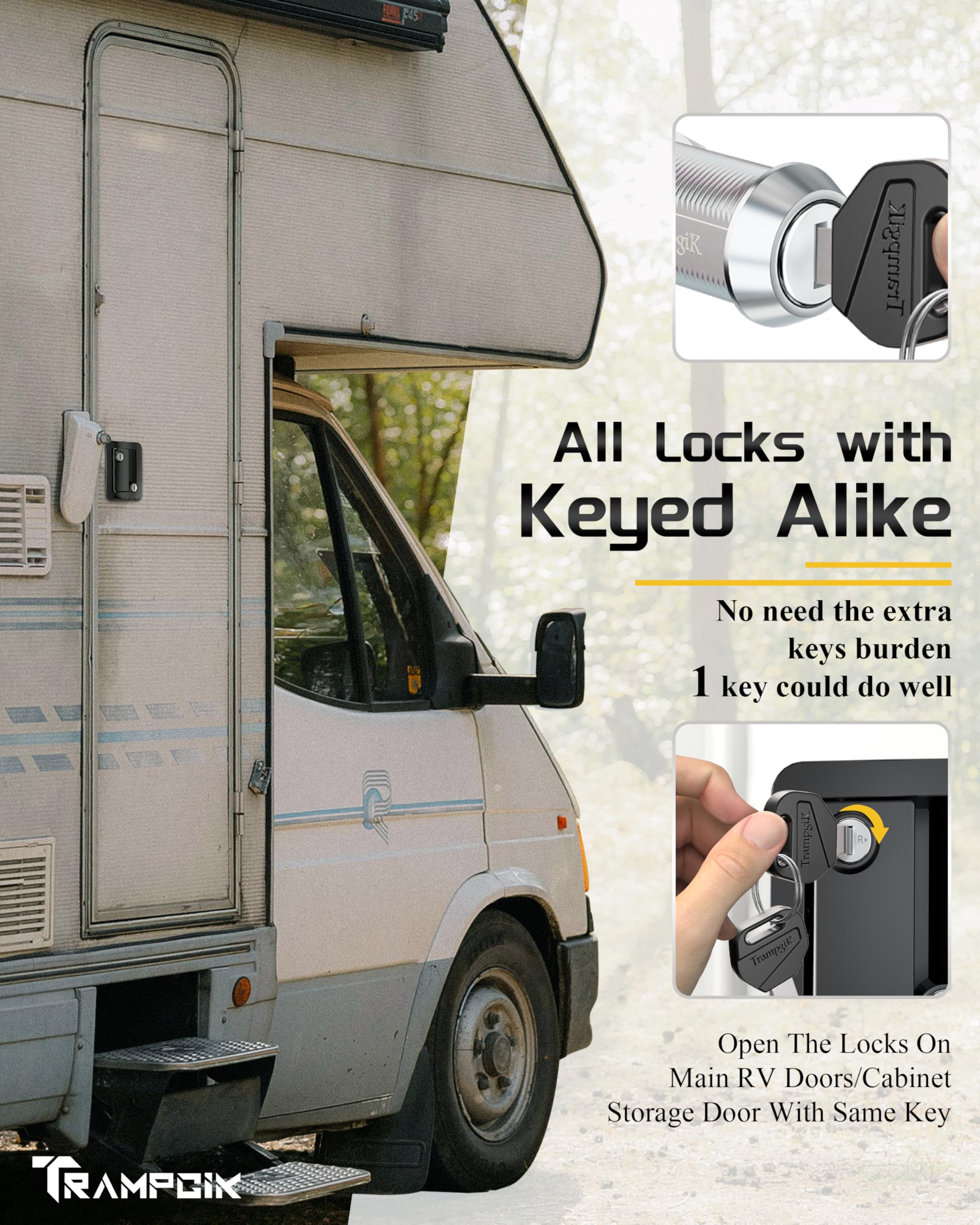 TrampgiK RV Door Lock Set - 3 Pack of Black & Chrome Locks, 7/8" Size, Keyed Alike, Includes Storage Locks for Camper & Travel Trailer