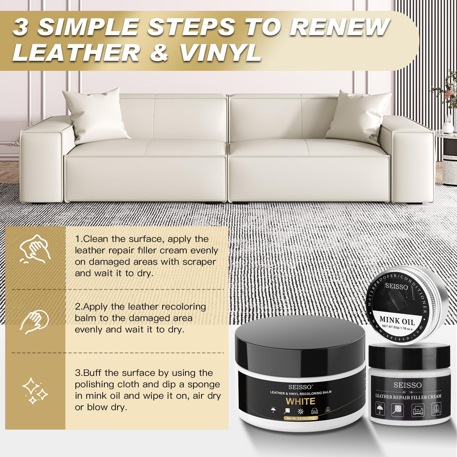 SEISSO Leather Repair Kit for Furniture, White Vinyl Repair Kit with Mink Oil Car Interior Leather Recoloring Balm for Scratches