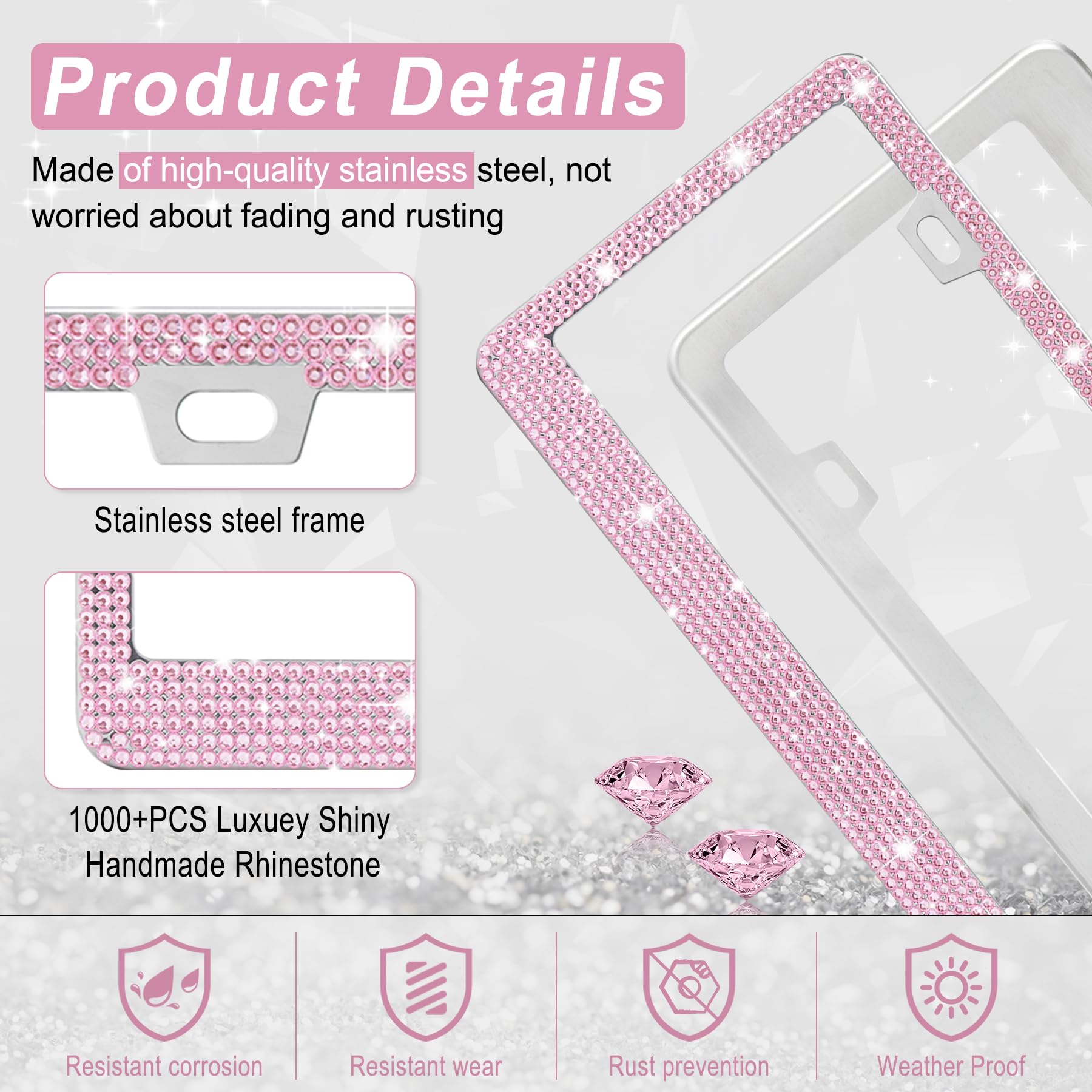 Amiss Bling License Plate Frame for Women, 2Pack Rhinestone Handcrafted Crystal Premium Stainless Steel, Stainless Steel Car Acc
