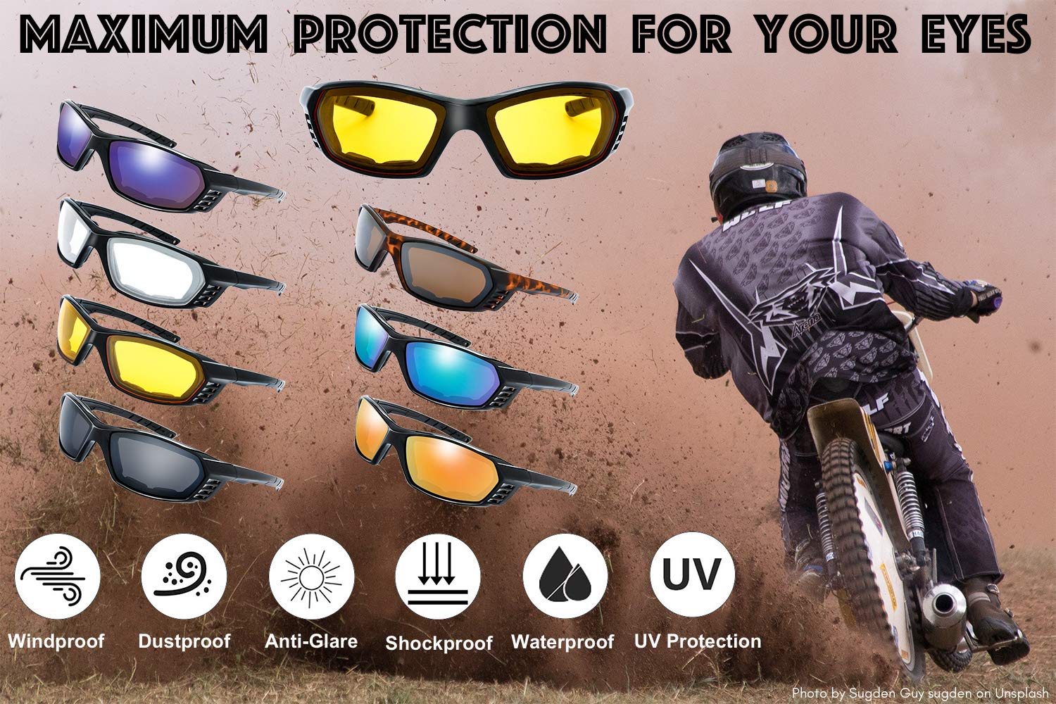 The Fresh Motorcycle Riding Glasses Padded Frame Lens Block 100% Uvb For Outdoor Activity Sport (25M-Matte Black, Clear, Grey, & Green Mirror)