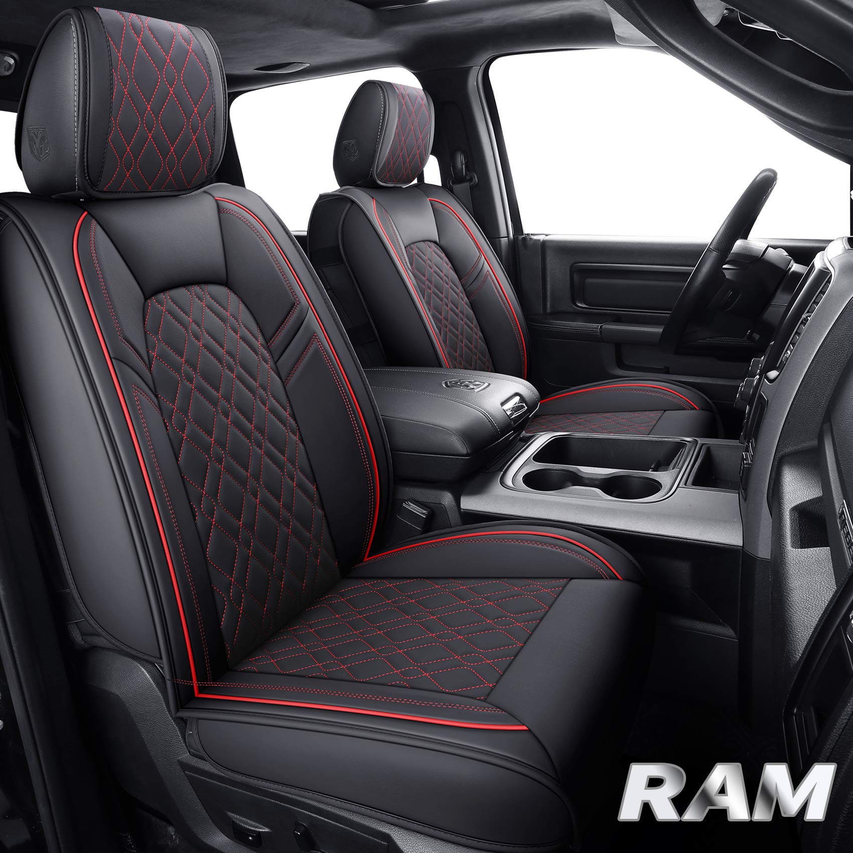 Aierxuan Dodge Ram Car Seat Covers Full Set Custom Fit 2009-2024 1500 2010-2024 2500 3500 Pickup Truck Crew Double Quad Regular Cab Waterproof Leather Cushions(Full Set, Black-Red)