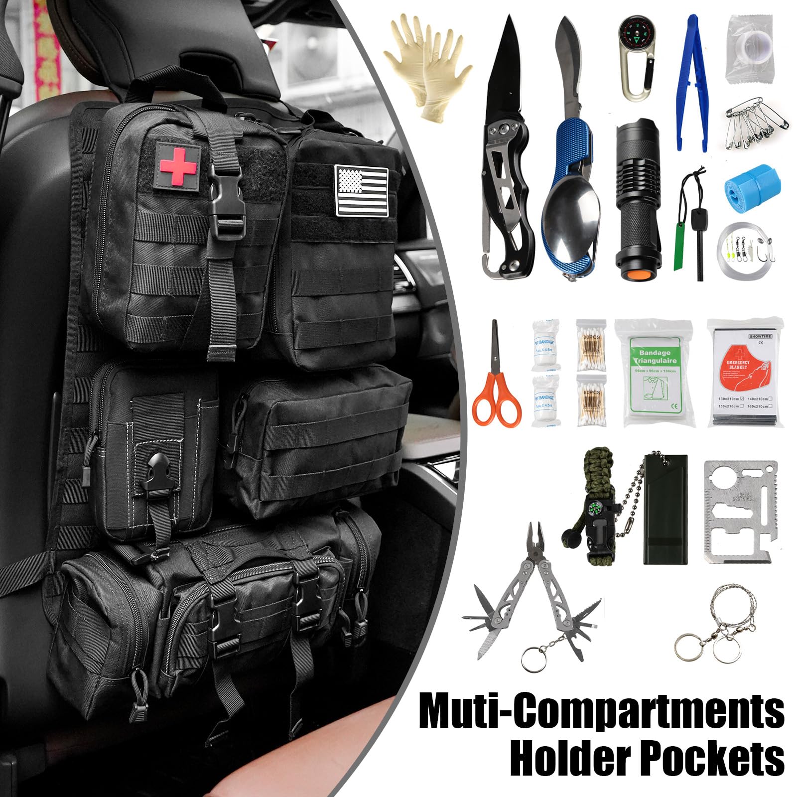 FURYENGRAVER Universal Tactical Vehicle Back Seat Organizer with 5 Detachable Pouches, Model 19917, Versatile Storage Solution