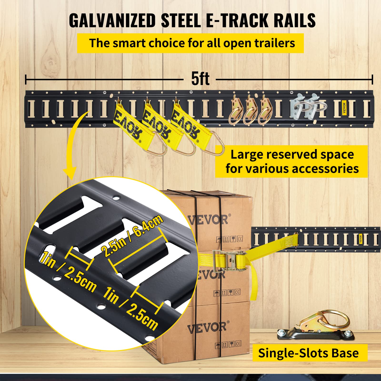 Vevor E-Track Tie-Down Rail Kit, 5' E Tracks Set, 18Pcs Includes 4 Steel Rails & 2 Single Slots & 6 O-Rings & 4 Tie-Offs W/D-Ring & 2 Ratchet Straps, Cargo Motorcycles Bikes Securing Accessories