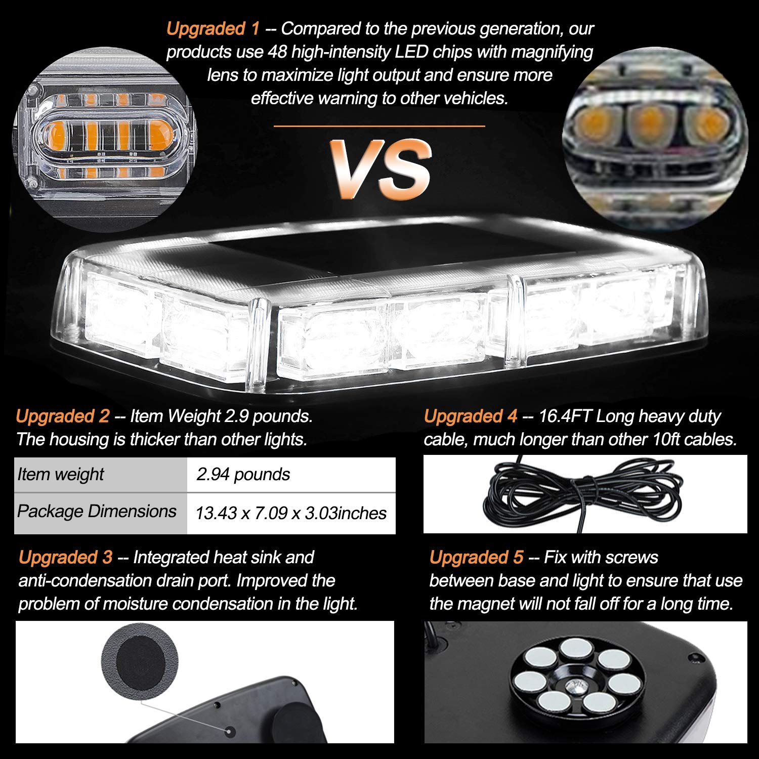 Aspl 48Led Roof Top Strobe Lights, High Visibility Emergency Safety Warning Led Mini Strobe Light Bar With Magnetic Base For 12-