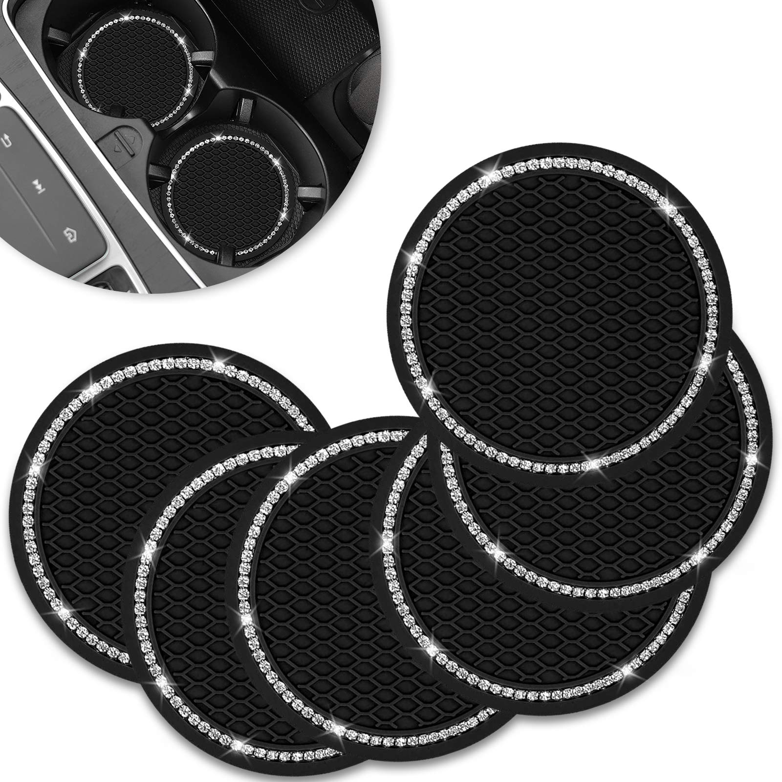 Bling Car Coaster, Shanshui Universal Vehicle Cup Holders For Car Cute Silicone Anti-Slip Insert Coaster Crystal Rhinestone Inte