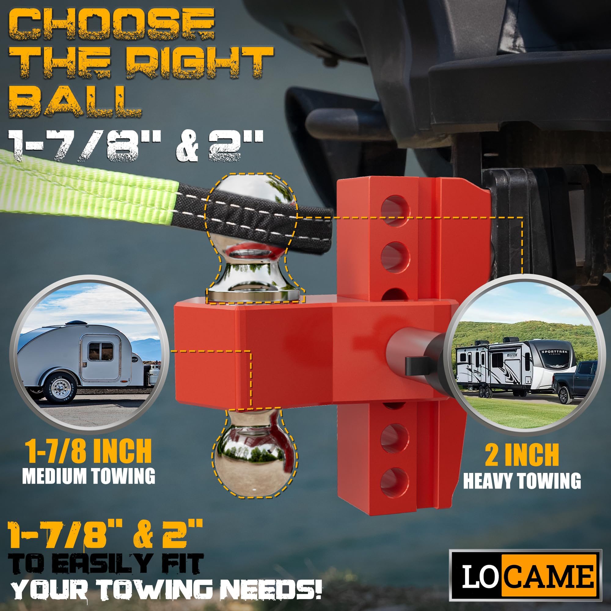 LOCAME Adjustable Trailer Hitch - 2-Inch Receiver, 6-Inch Drop, Aluminum, 12,500 LBS GTW, Model LC0046, Red