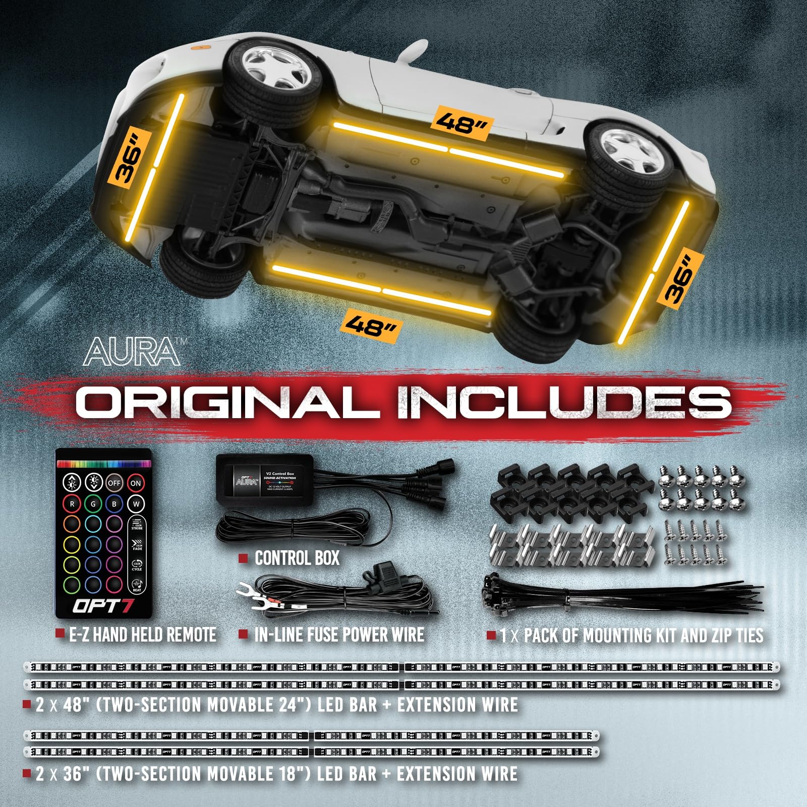 Opt7 Aura Aluminum Underglow Led Lighting Kit For Truck With Remote Control, Exterior Neon Accent Underbody Strip, Multicolor Mo