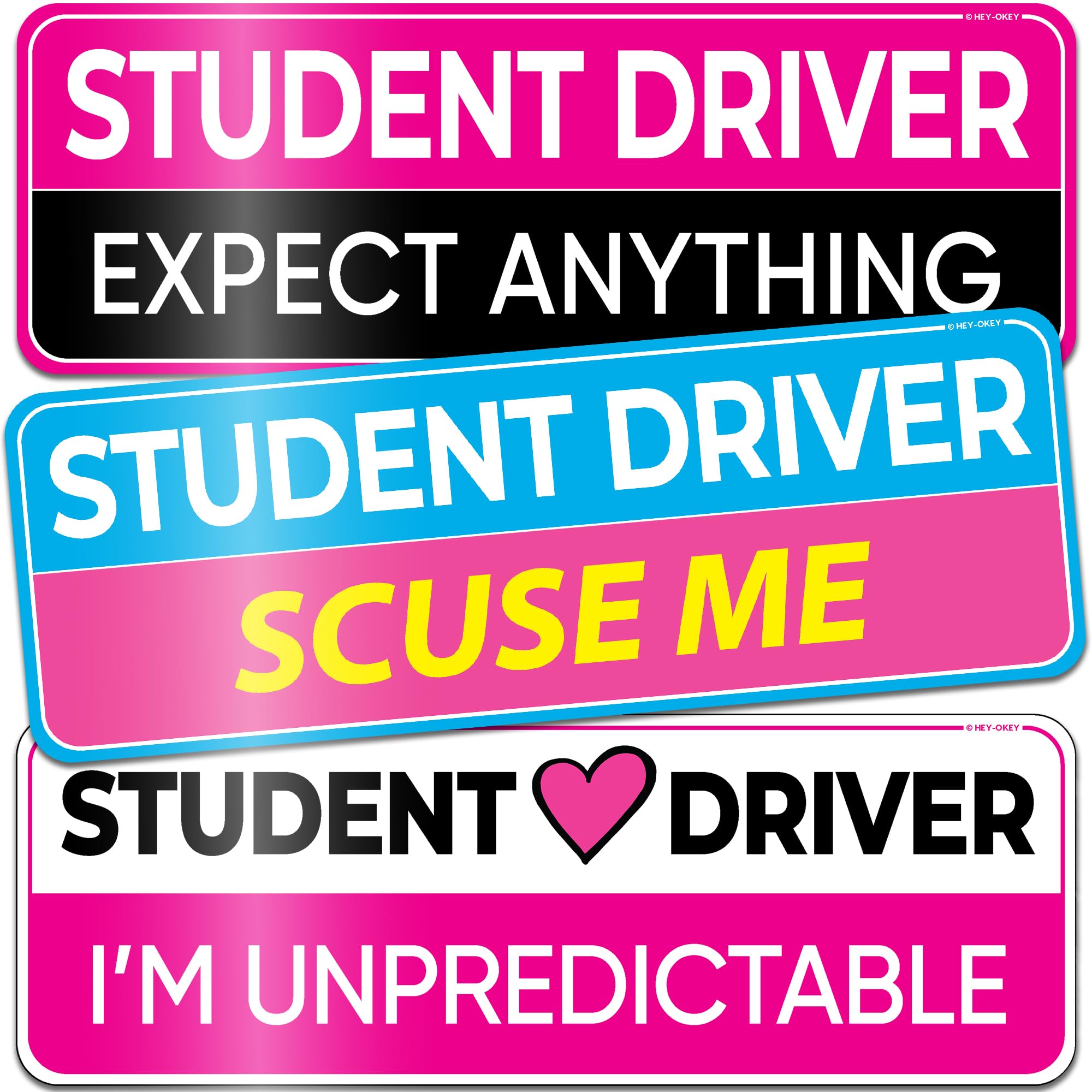 3-Pack HEY-OKEY Student Driver Magnet for Car - Metal Only (Not for Plastic/Aluminum) - Funny Pink Please Be Patient Reflective 