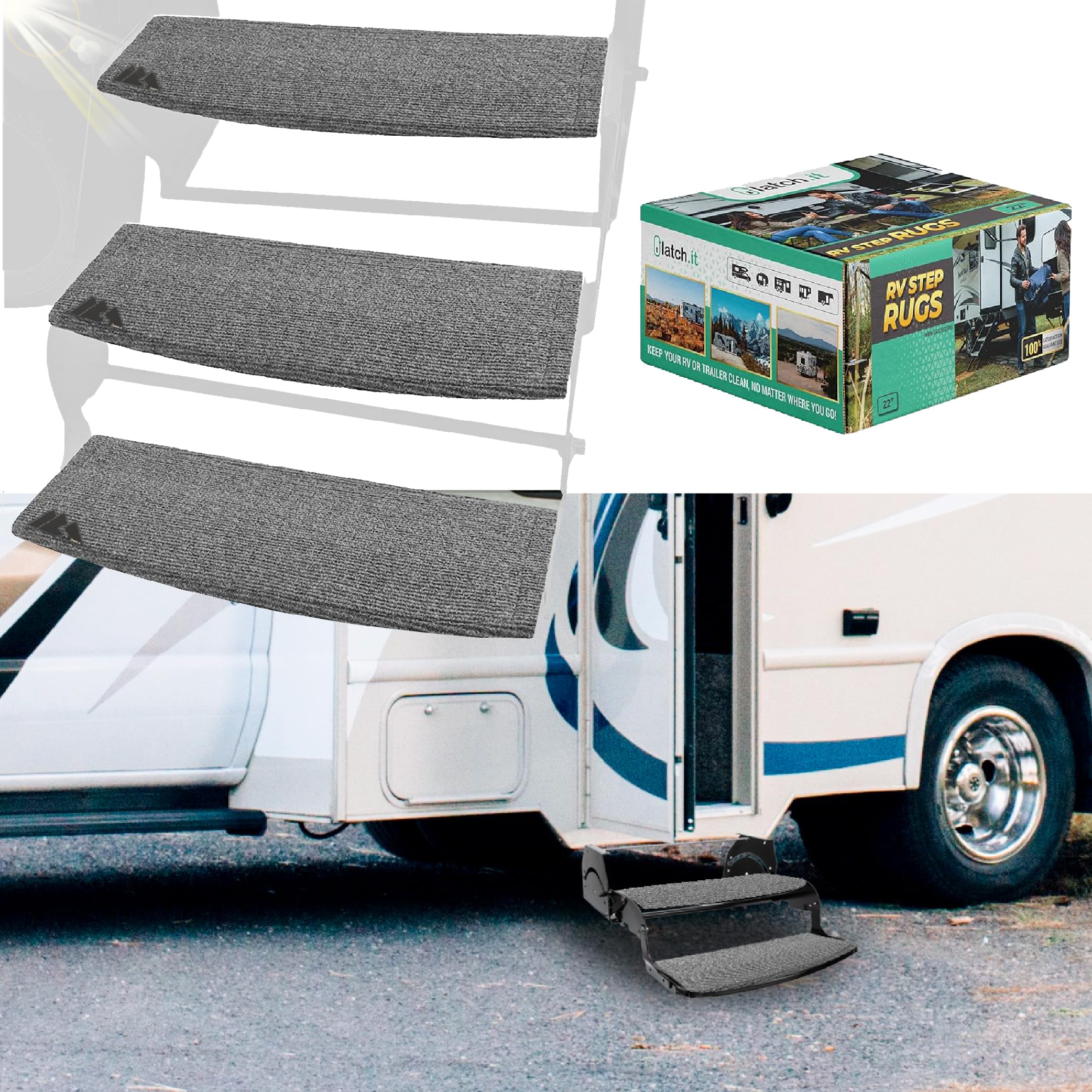 Latch.It Rv Step Covers 3 Pack | 22'' Wide Camper Step Covers For Radius Steps Only! | Rv Step Rug Best Fits 8-11'' Deep Rv Stai