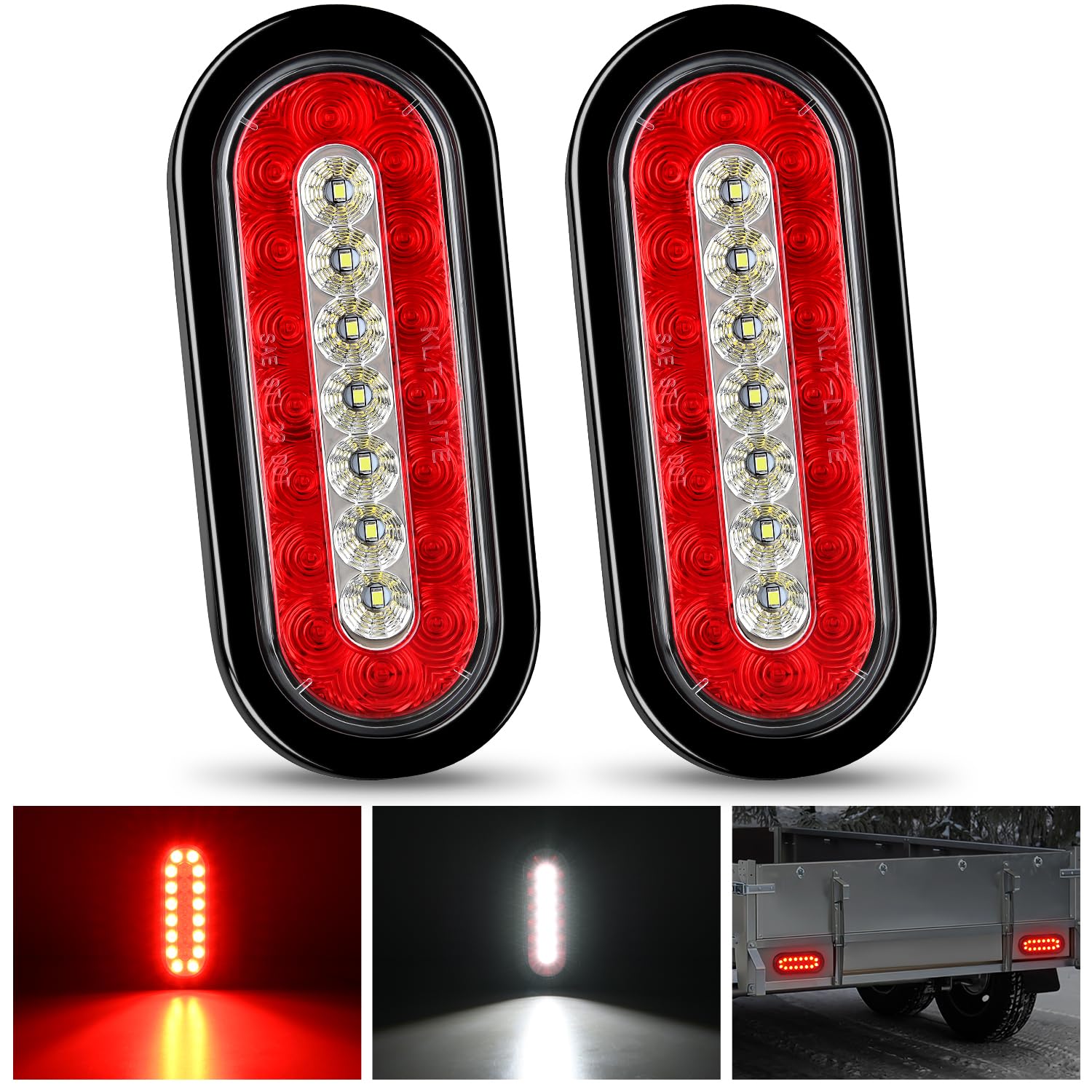 Nilight 2PCS 6Inch Oval LED Trailer Tail Lights Red White 23LEDs w/Flush Surface Mount Grommets IP67 Waterproof Stop Brake Runni