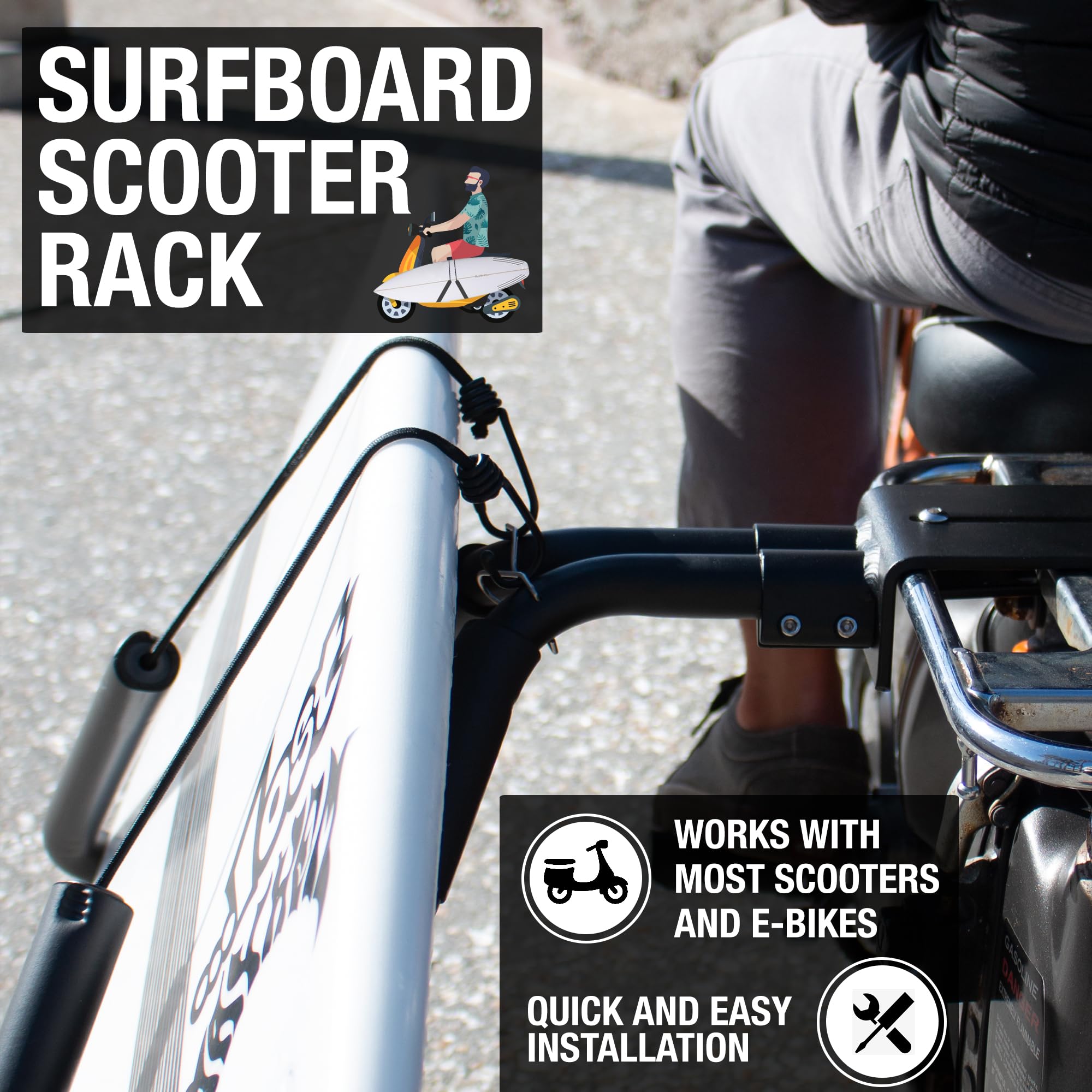 Ho Stevie! Scooter/Moped/eBike Surfboard Rack - Easy Install, Fits Boards up to 8ft, Black, Aluminum, Model: scooterrack