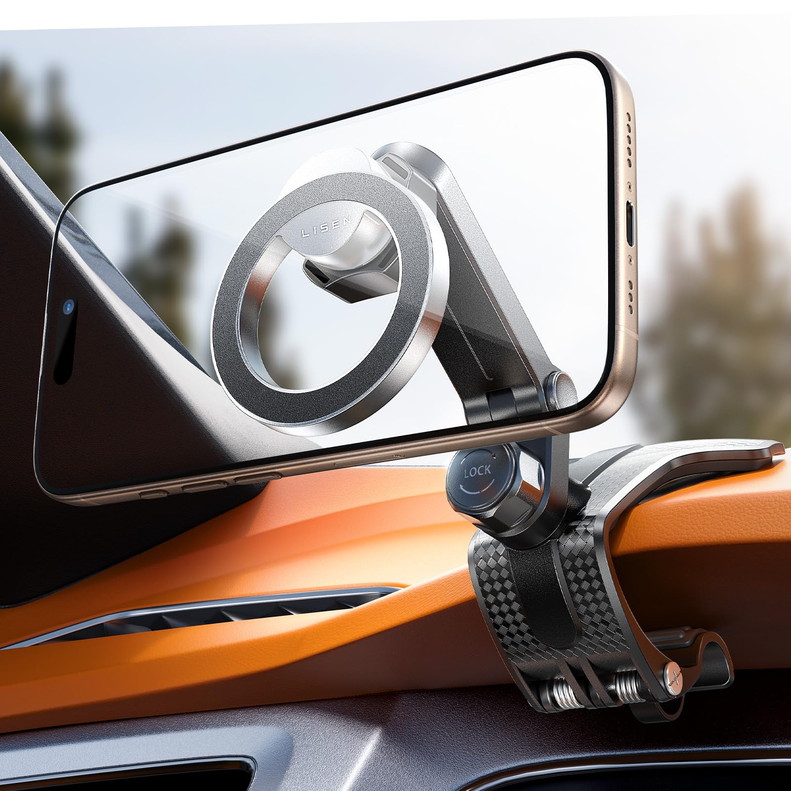 360 Degree Rotation Dashboard Car Phone Holder, Clip on Dashboard Cell Phone Holder for Driving Navigation, Magsafe Magnetic Car