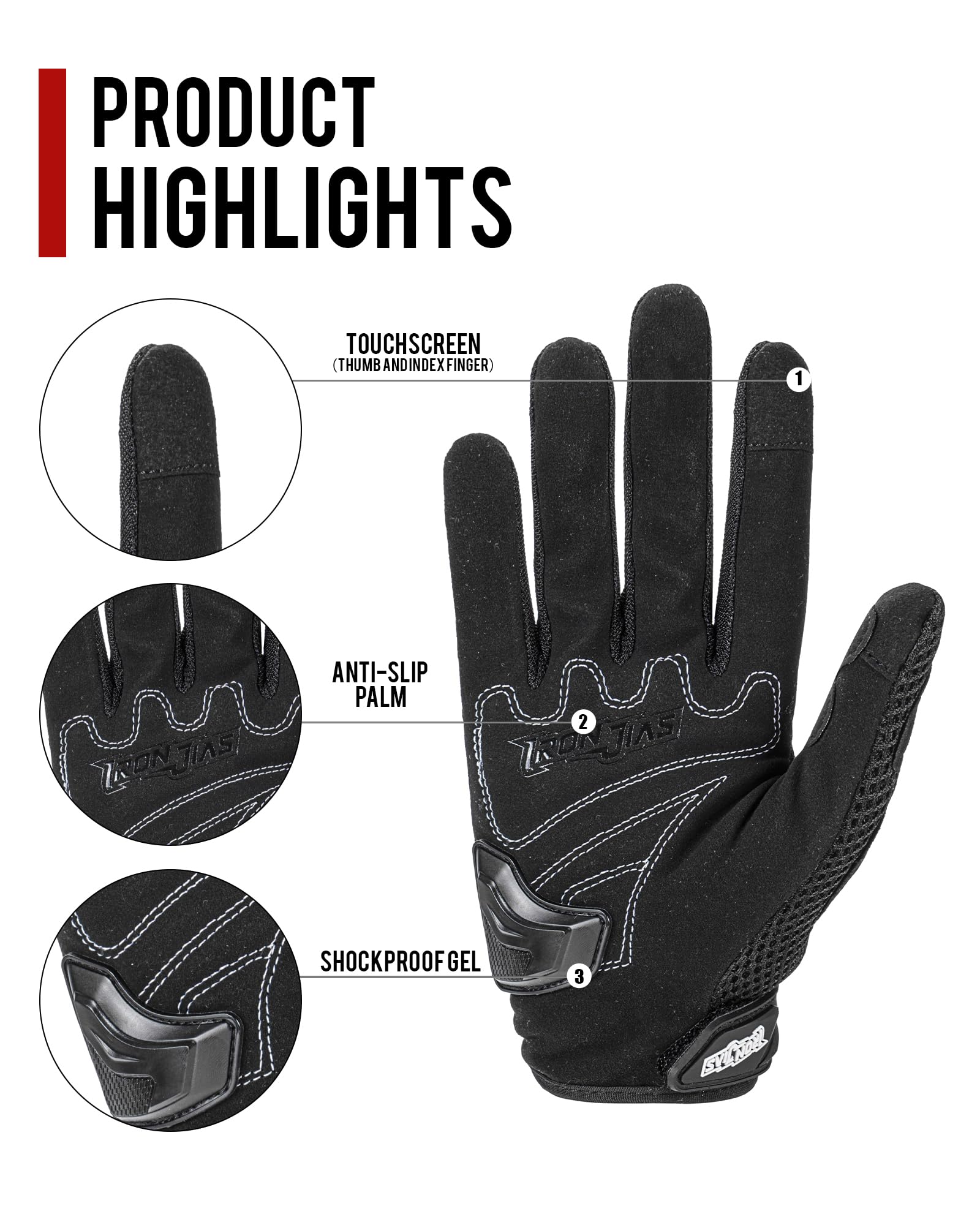 Iron Jia'S Motorcycle Gloves For Men And Women - Motorbike Powersports Racing Gloves With Hard Knuckle Touchscreen For Bmx Atv Mtb Riding (Black L)