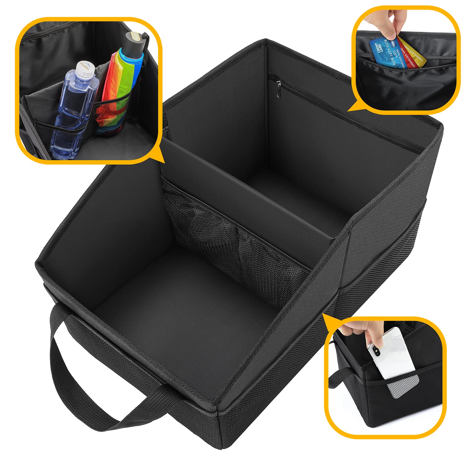 INFIVITA Car Organizer - Black Oxford Cloth Caddy with Dividers, Handles, and Mesh Pockets for Front and Back Seat or Floor
