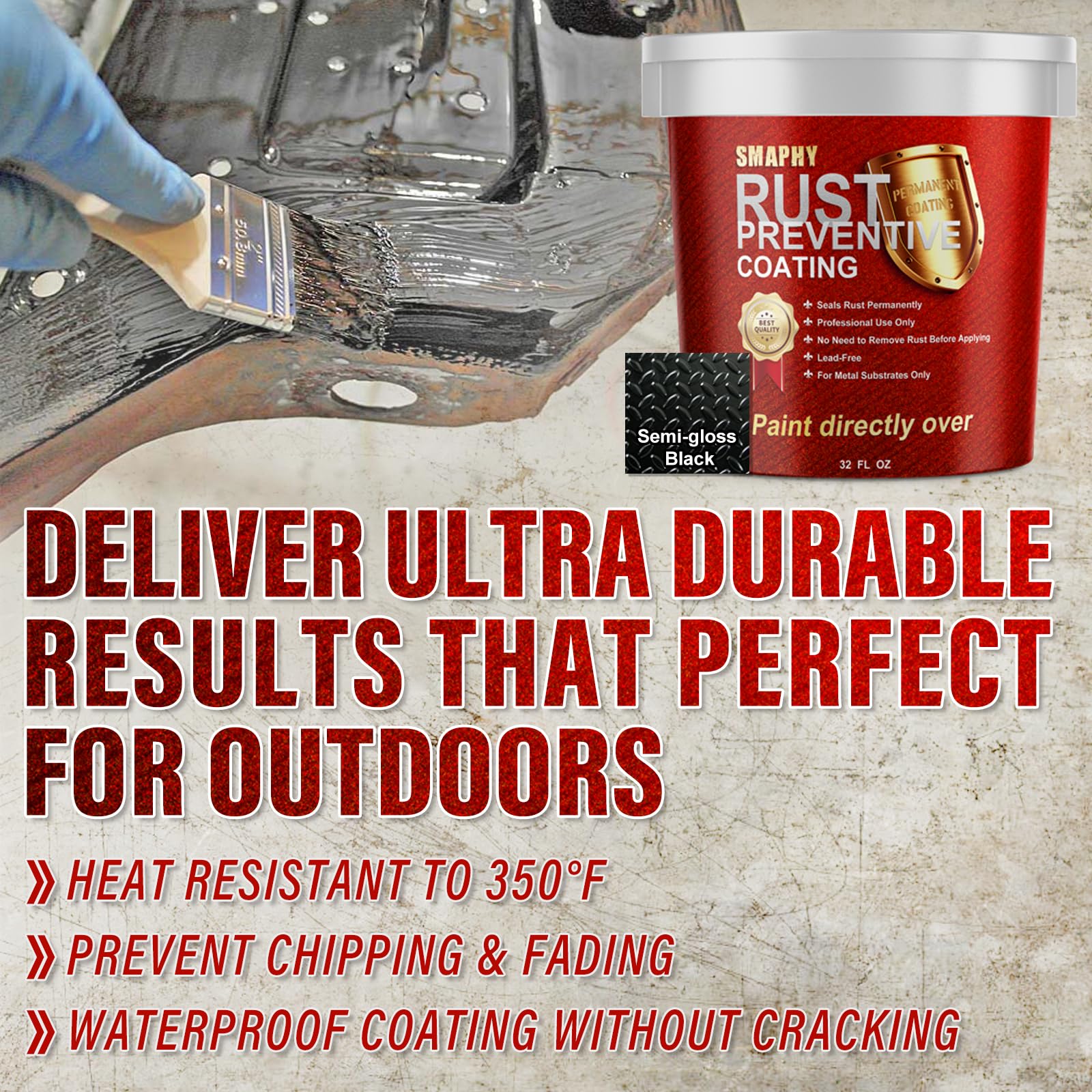 SMAPHY 2-in-1 Rust Converter & Metal Primer, 35 oz, Semi-Gloss Black, Maximum Rust Protection, Model AAZ-003
