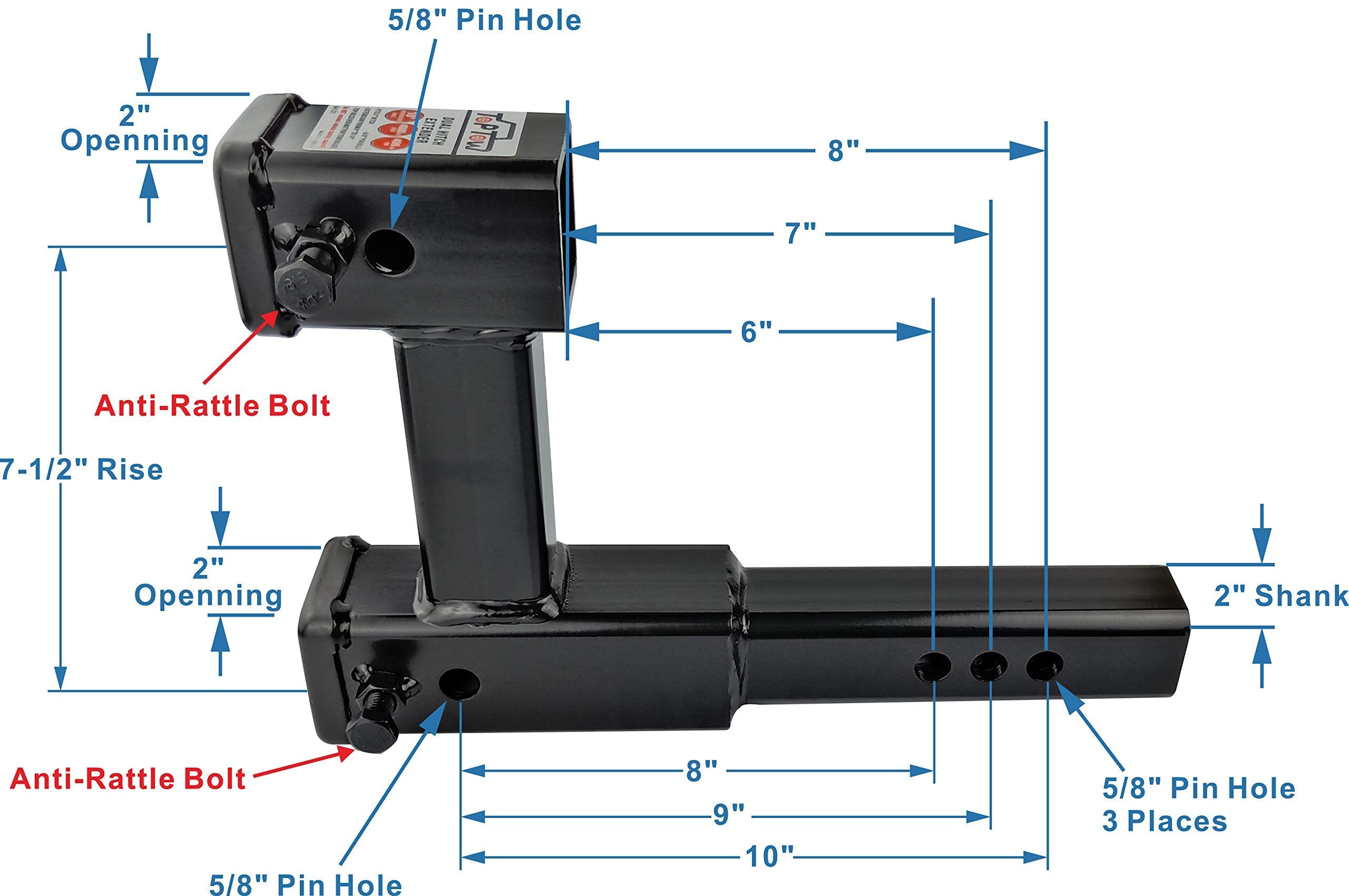 Toptow 64131 Dual Hitch Extension, 2 Inch Towing Receivers, Extends Adjustable Length, 4,000Lbs