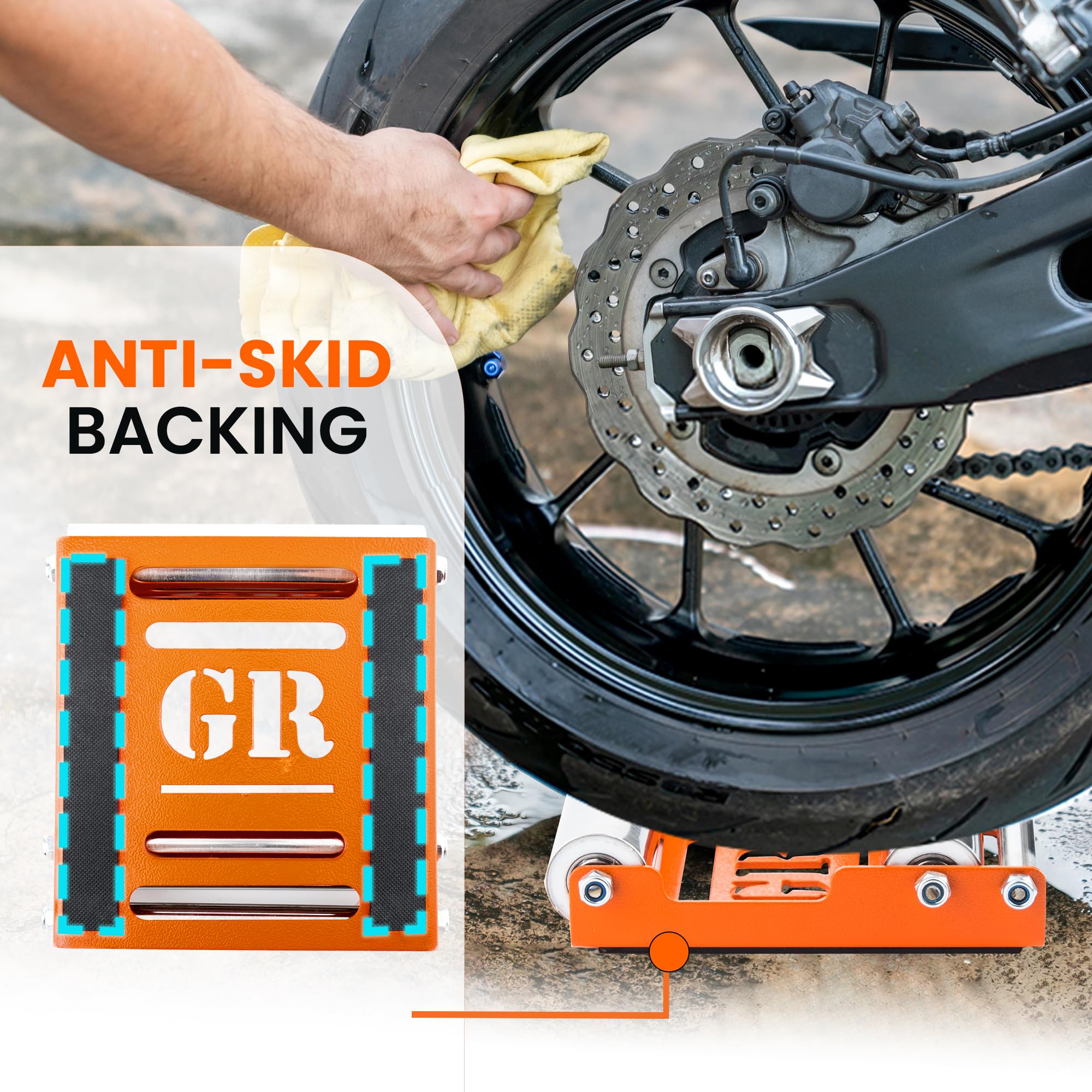 GRAND PITSTOP Motorcycle Wheel Cleaning Stand - Groller Medium, Orange, Stainless Steel - Ideal for Bikes < 485 lb, Tire Width < 180 mm