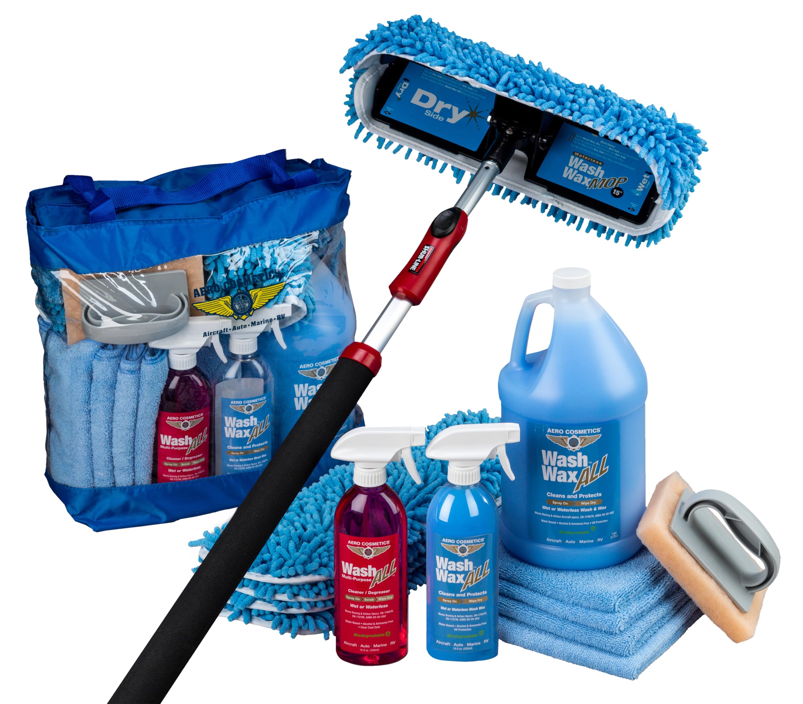 Aero Cosmetics Waterless Rv Aircraft Boat Wash Wax Mop Kit With Deluxe Pole 3' 9'' To 9' No Ladder Needed, Wash, Wax, Dry, Anywh