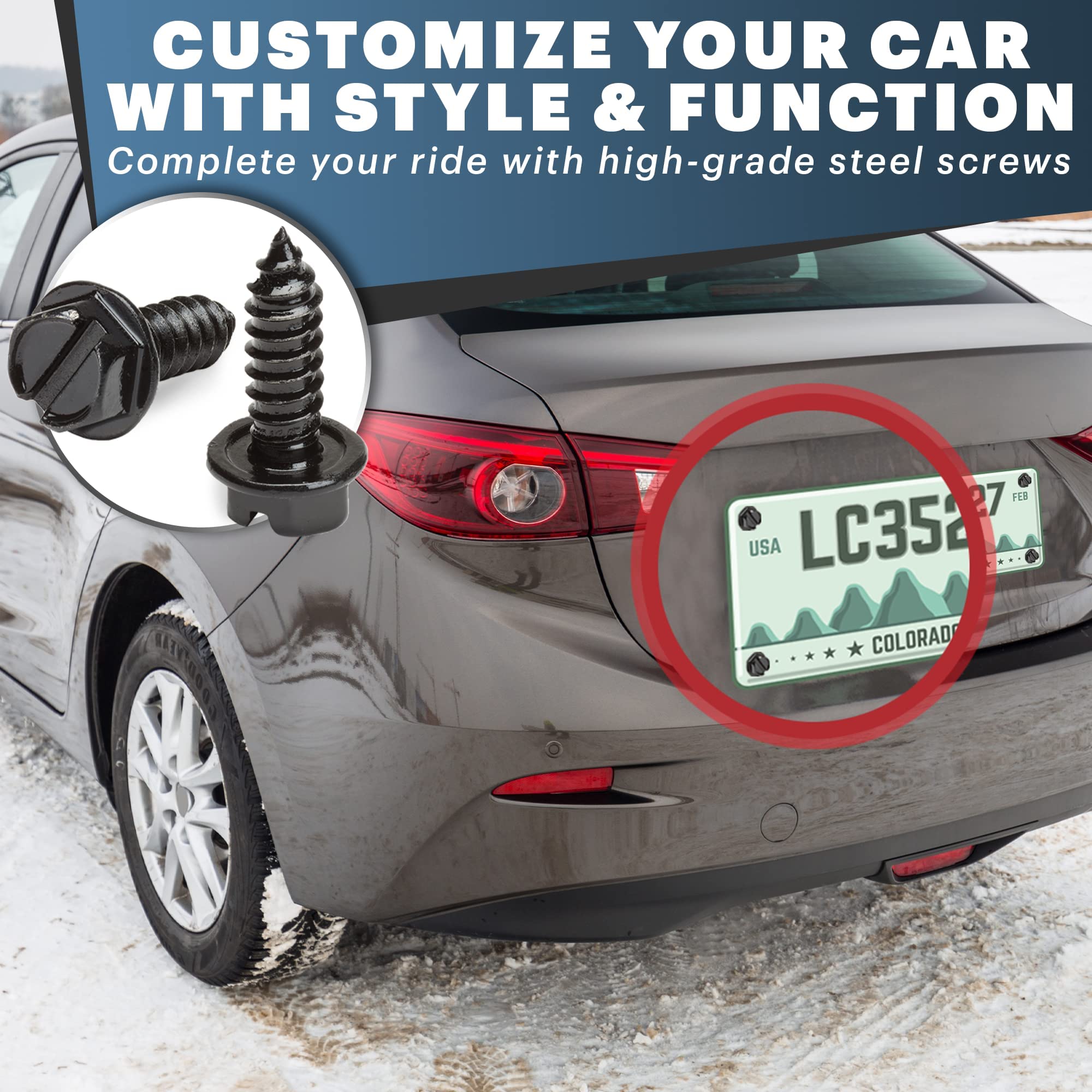 Black License Plate Screws Kit - Set of 8 Fasteners For Front and Back License Plates and License Plate Frames or Covers on Dome