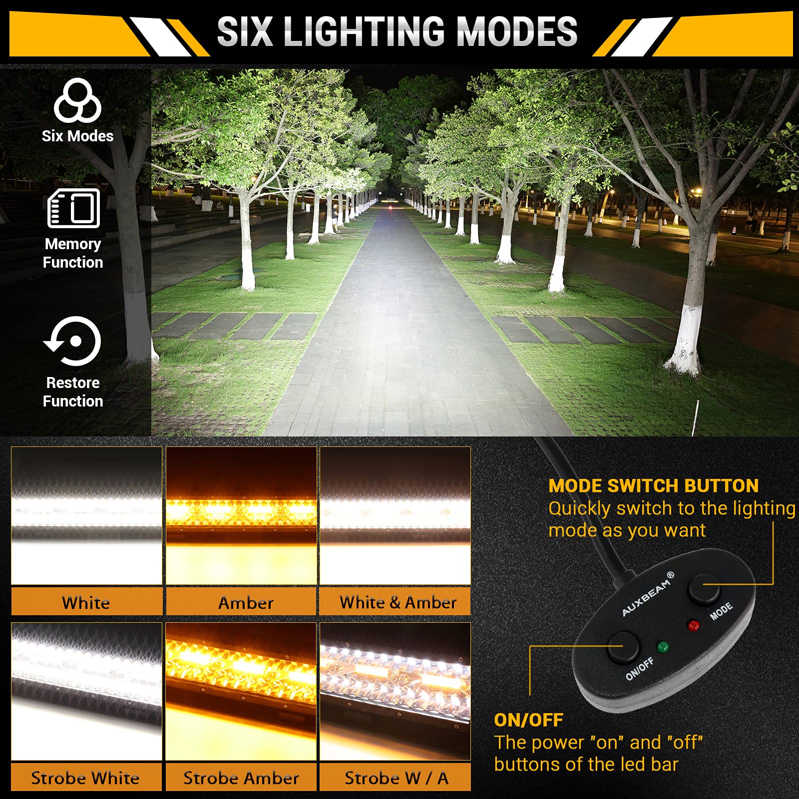 Auxbeam 7 Inch LED Light Bar - 300W Amber White, 6 Modes, Aluminum, Offroad Spot Work Light for Trucks, ATV, Jeep (Pack of 2)