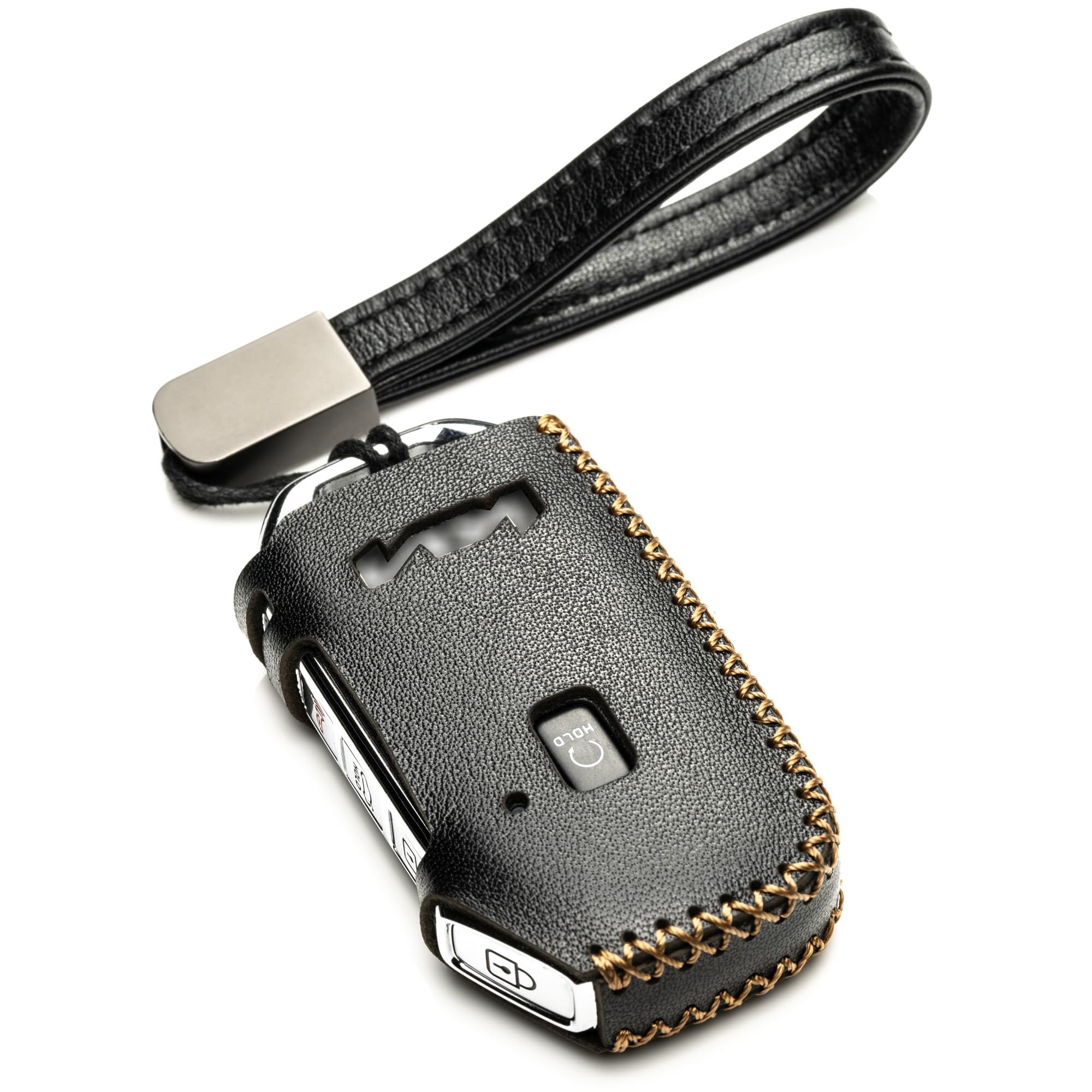 Vitodeco Genuine Leather Smart Key Fob Case Compatible With Kia Soul, Seltos, Sportage, Niro, Sorento, Telluride, Rio, Forte, K5 2022-2024 New Emblem (5-Button, Black)