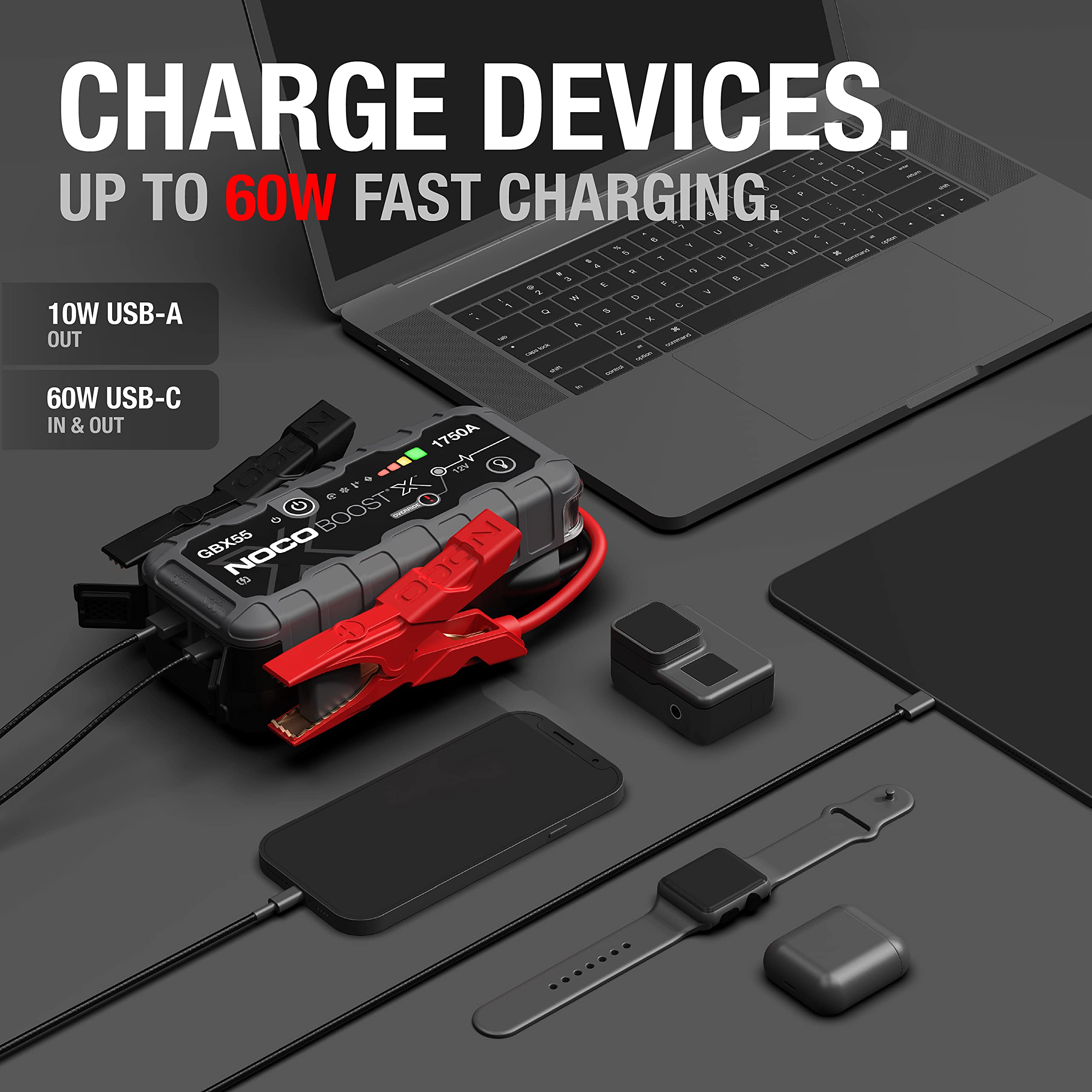 NOCO Boost X GBX55 Jump Starter, 1750A Portable Lithium Battery Booster, Gray, for 7.5L Gas & 5.0L Diesel Engines