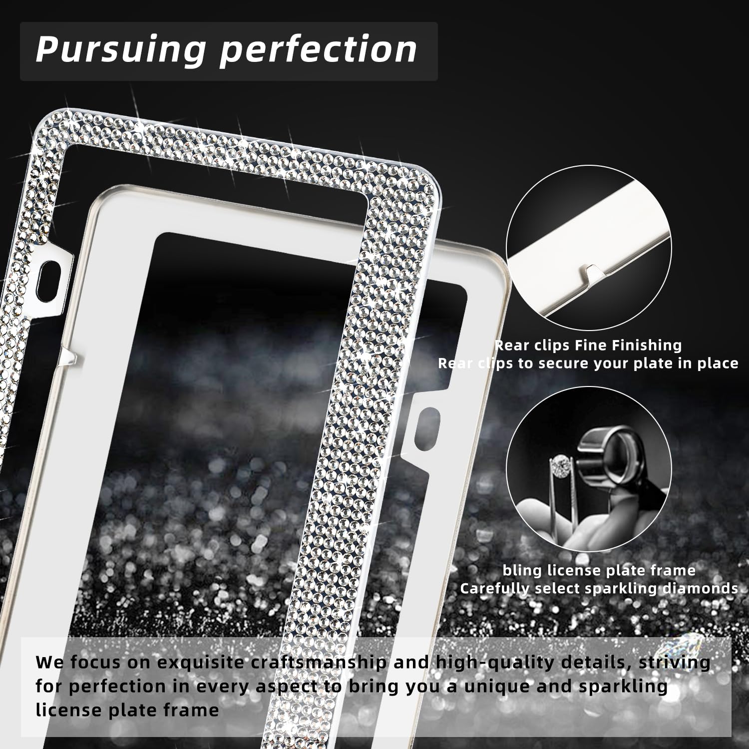 OKLPF 2 Pack White Bling License Plate Frames, Sparkly Diamond Design, Includes Screw Cap and Washer, Suitable for Men and Women