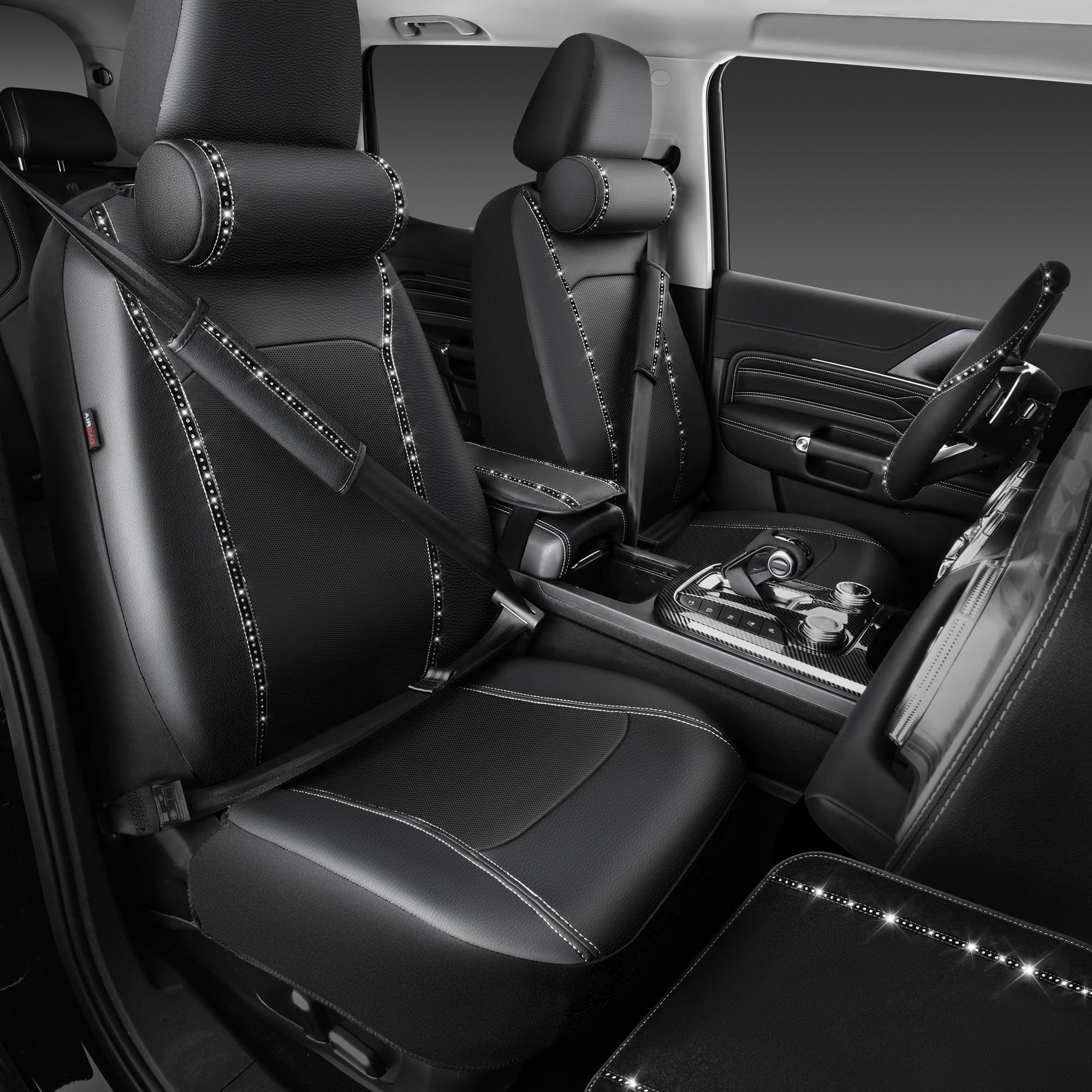 CAR PASS Bling Car Accessories Set - 14PCS Leather Seat Covers, Rhinestone Steering Wheel, Silver Diamond Interior Decor