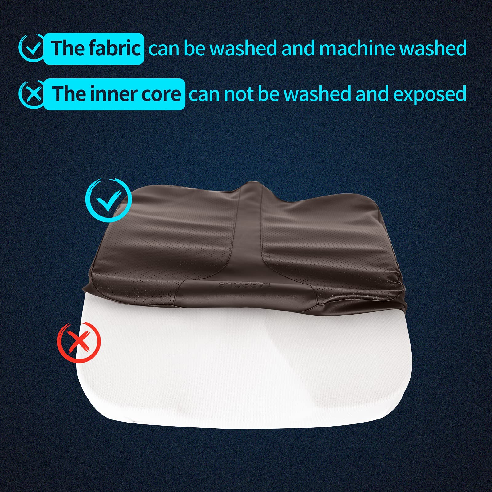 LARROUS Memory Foam Car Seat Cushion - Tailbone Pain Relief Pad, Large, Brown Faux Leather, Model mslbr1