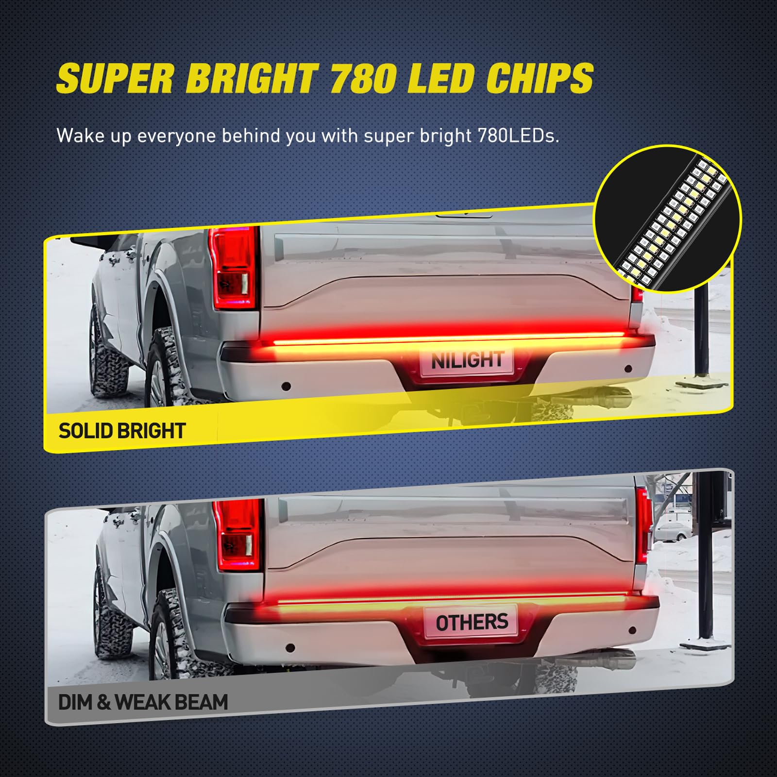 Nilight Truck Tailgate Light Strip 48'' Aluminum Frame Triple Row 780 Led Bar With Red Running Brake Sequential Turn Signals Str