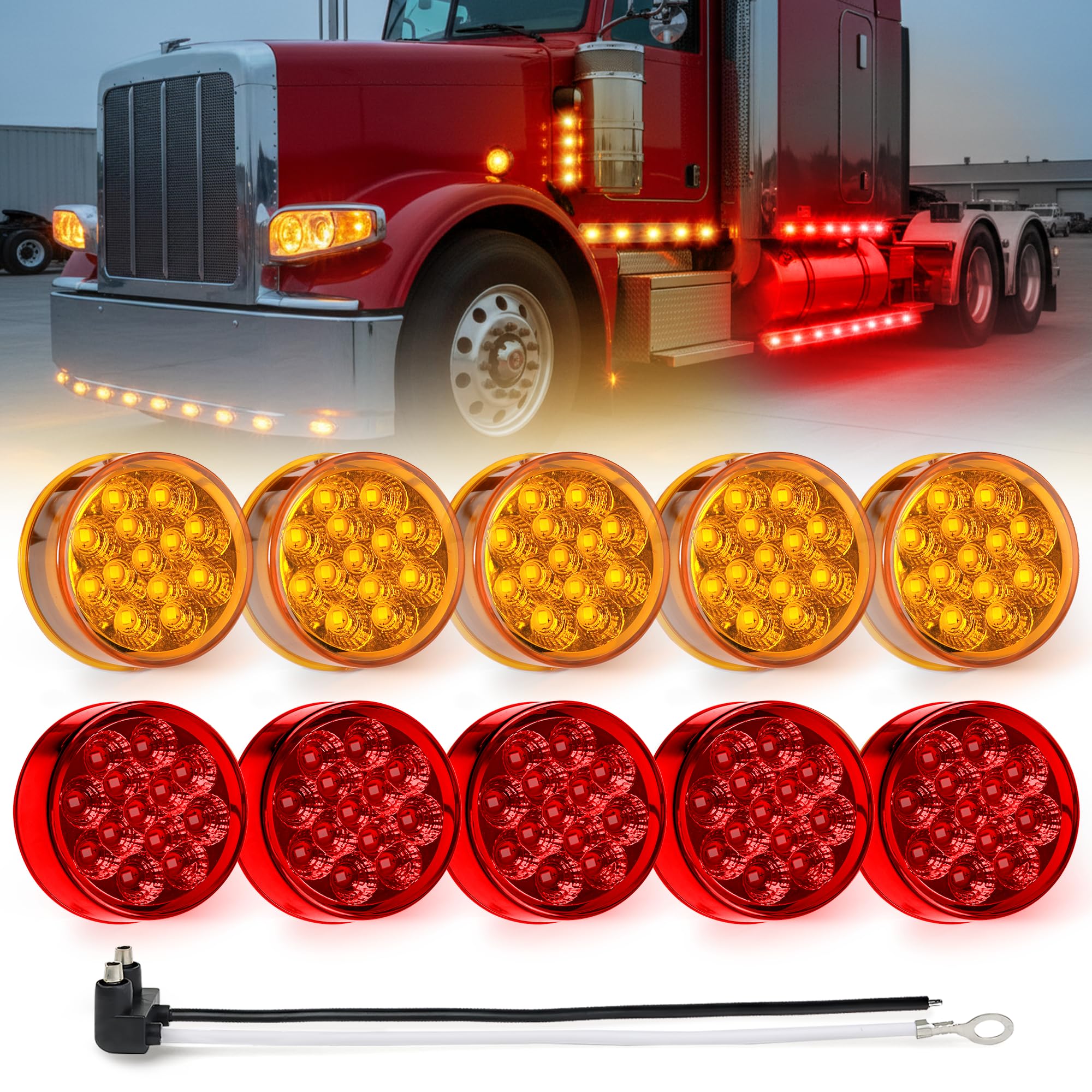 MADCATZ 10Pcs 2.5    Mini Round LED Marker Lights (5 Amber + 5 Red), 13 Diodes w/2-Prong Pigtail, Sealed Waterproof 12V DC for T
