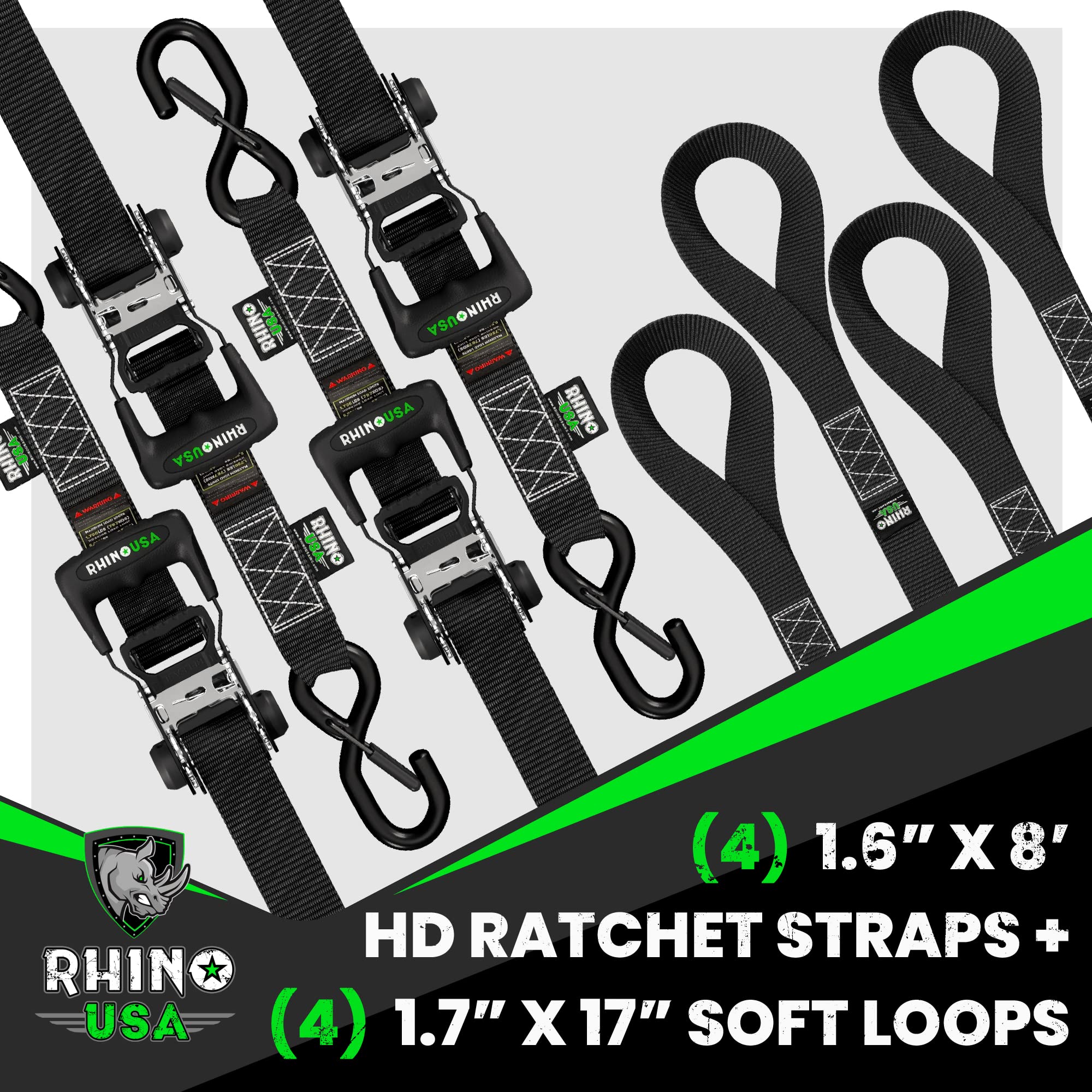 RHINO USA Ratchet Straps Tie Down Kit - 4 Heavy Duty 1.6 x 8' Black Rachet Tiedowns with Padded Handles & Coated S Hooks