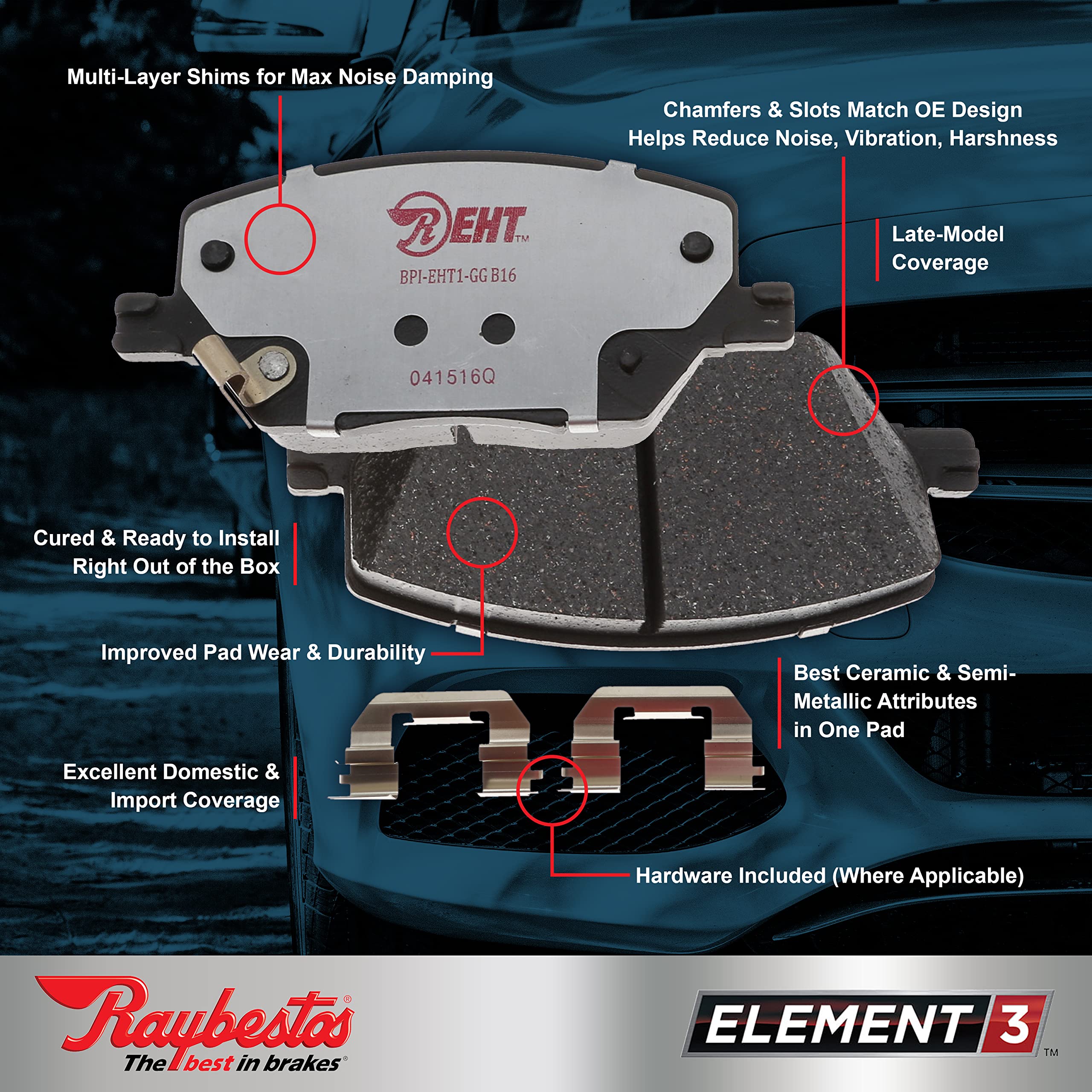 Premium Raybestos Element3 Eht Replacement Front Brake Pad Set For Select 2017-2018 Hyundai Santa Fe And 2017-2019 Hyundai Santa
