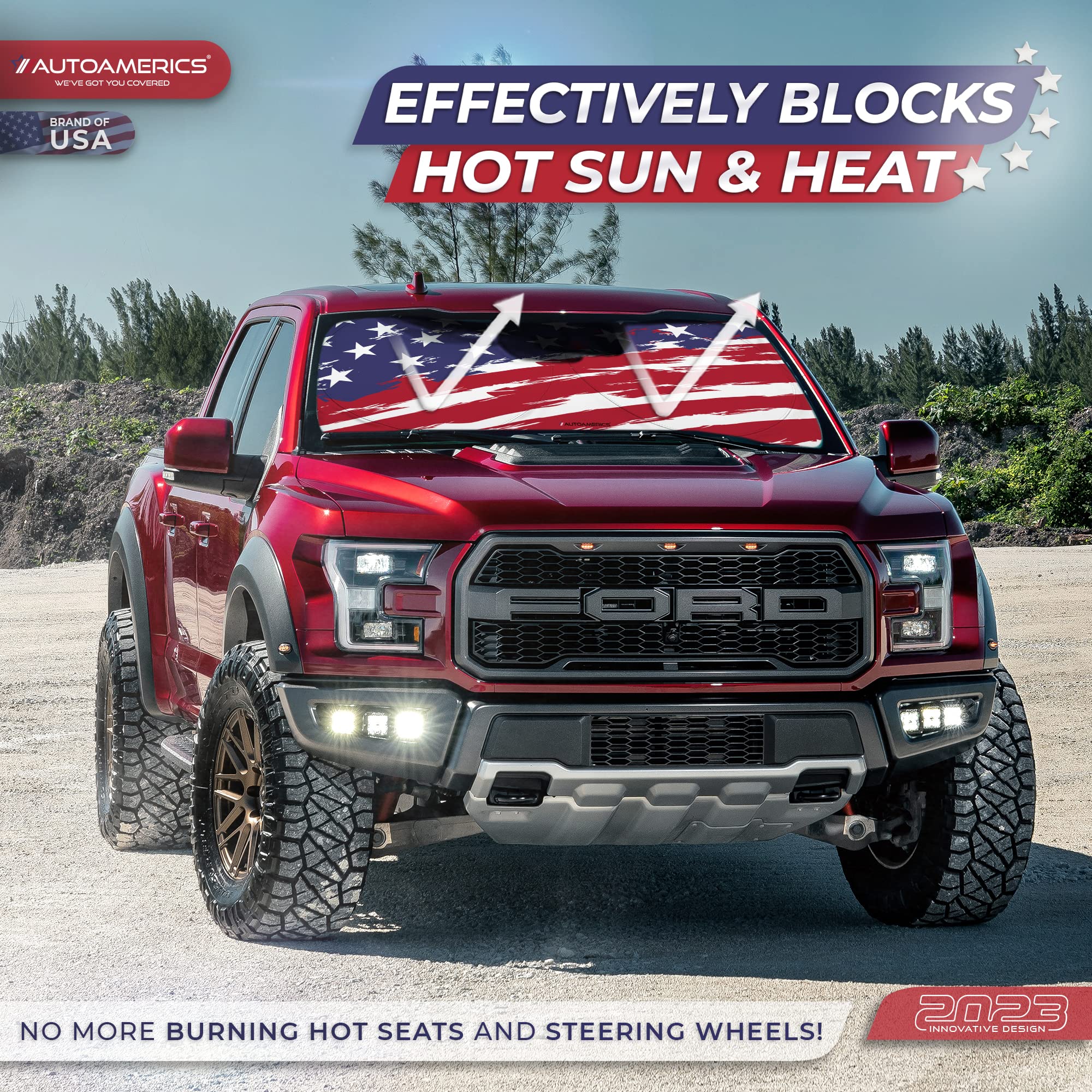 Autoamerics 1-Piece Windshield Sun Shade Usa Art Flag - 2 American Design - Foldable Car Front Window Sunshade For Most Sedans S
