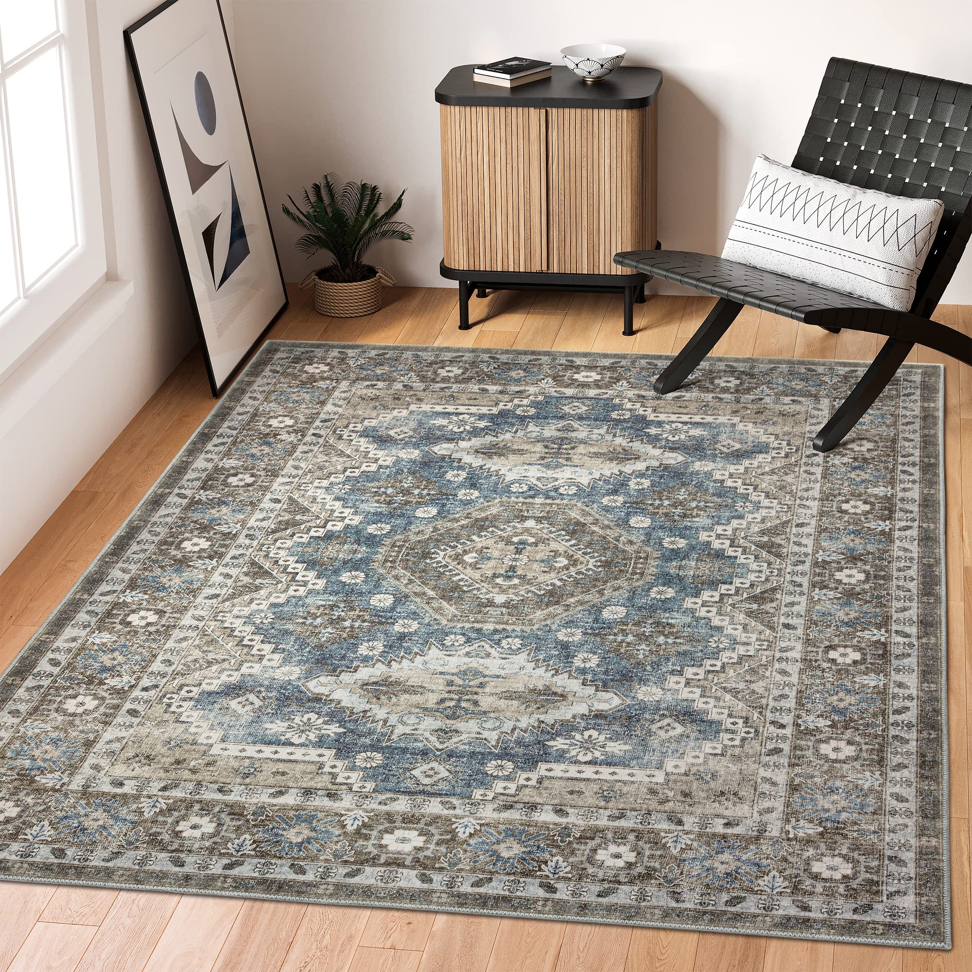 Rugland 6X9 Rug - Stain Resistant Washable Rug, Anti Slip Backing Rugs For Living Room, Boho Vintage Tribal Area Rugs (Tpr07-Blu