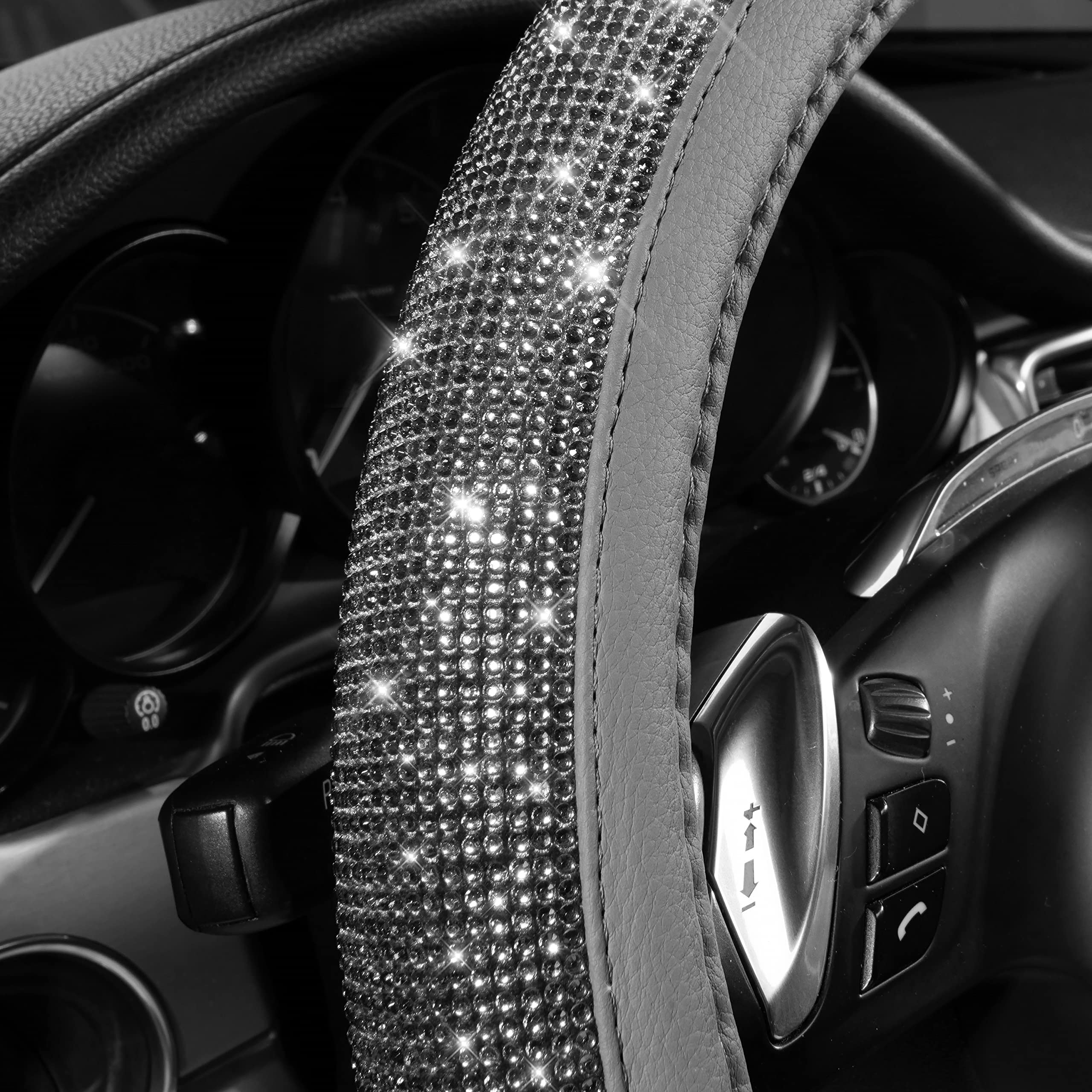 Car Pass Bling Diamond Leather Steering Wheel Cover, With Bling Sparkly Crystal Glitter Rhinestones Universal Fit 14 1/2-15 Car Wheel Protector For Women Girl Fit Suvs,Vans,Sedans,Cars,Trucks, Gray
