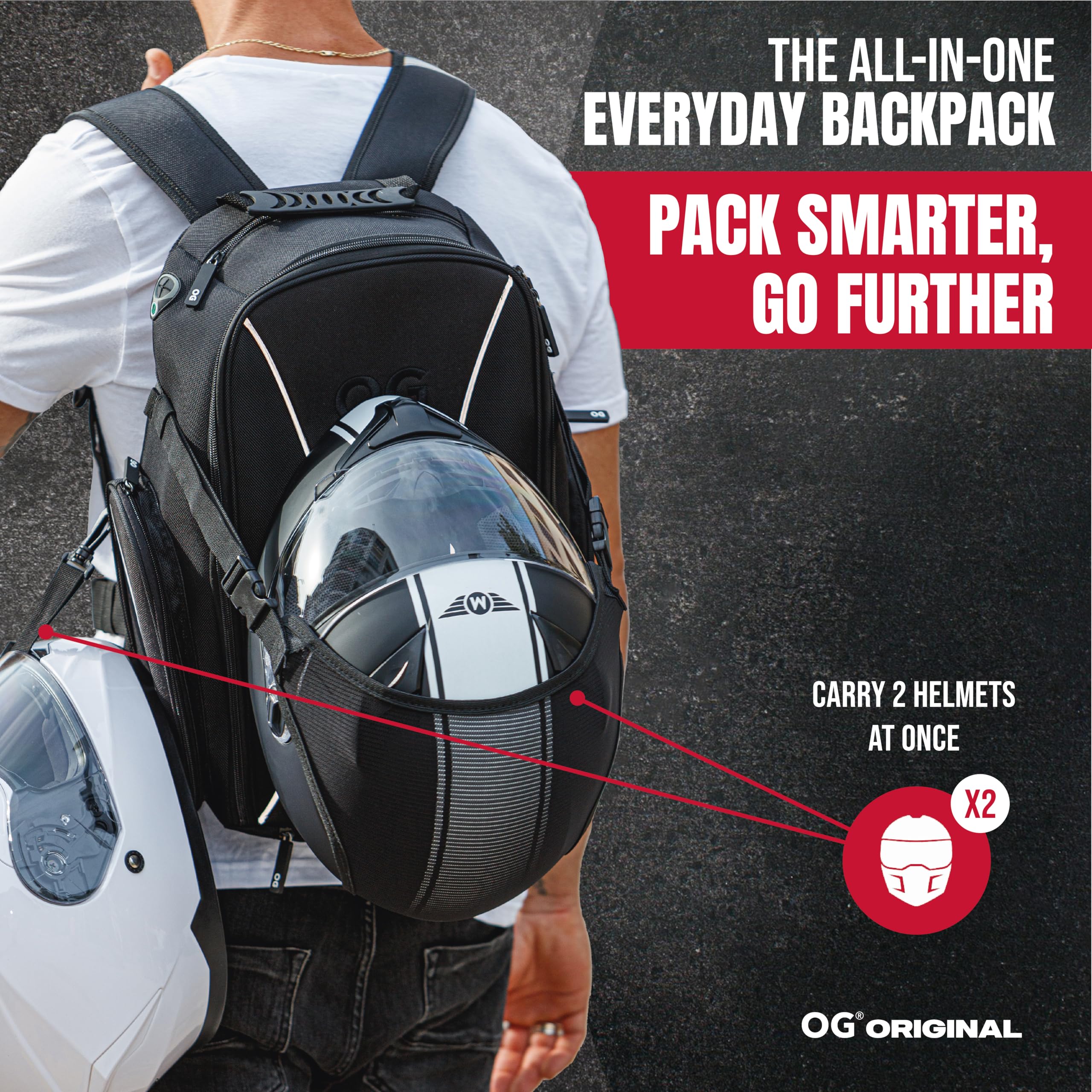 OG Original Motorcycle Backpack GO Black Waterproof, 20L, Motorbike Helmet Strap, Helmet Bag, Cycling Bag, Man, Laptop, Reflecti