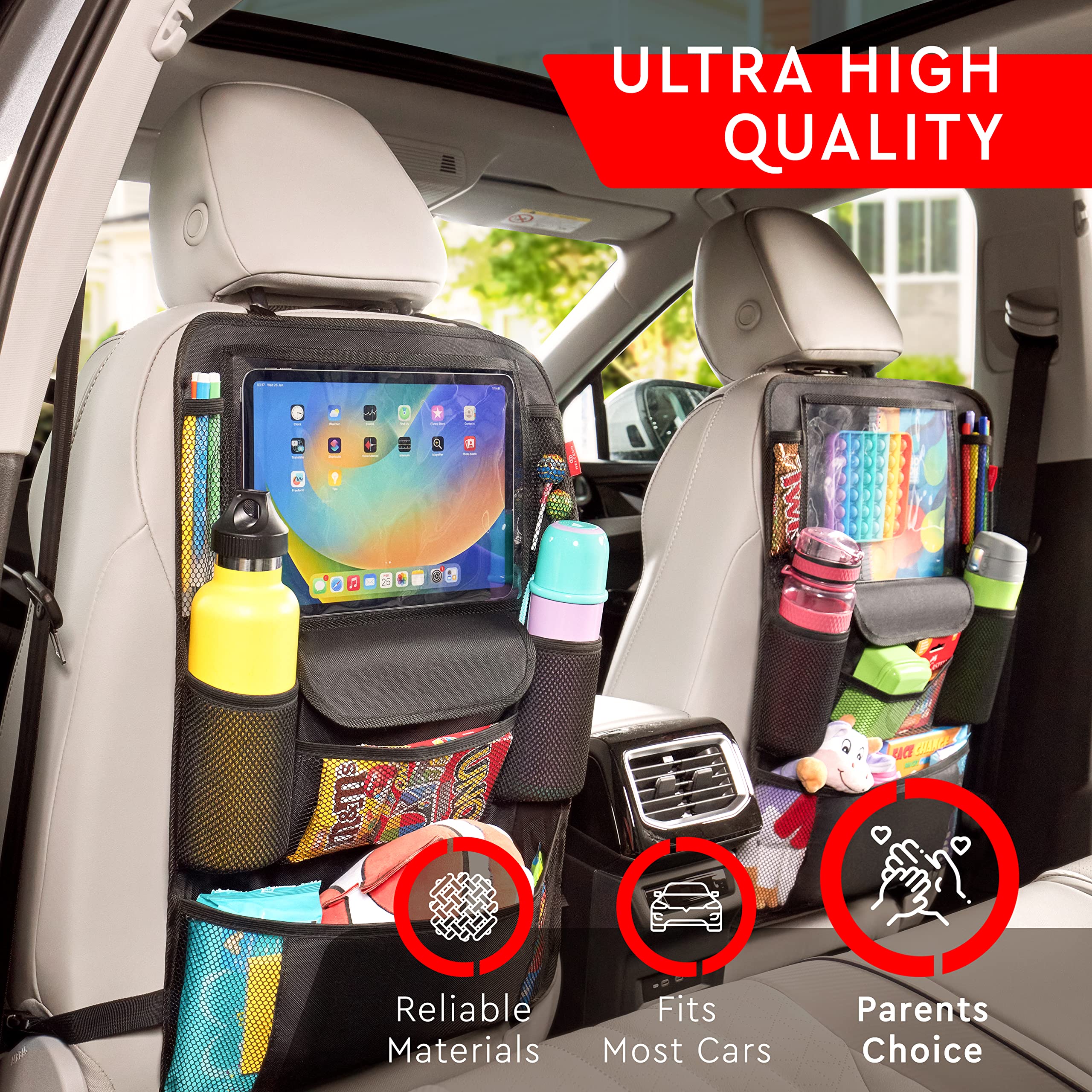 Helteko Car Seat Organizer - Waterproof Backseat Protectors with Tablet Holder, 2 Pack, Black, Model USY08, Durable Polyester