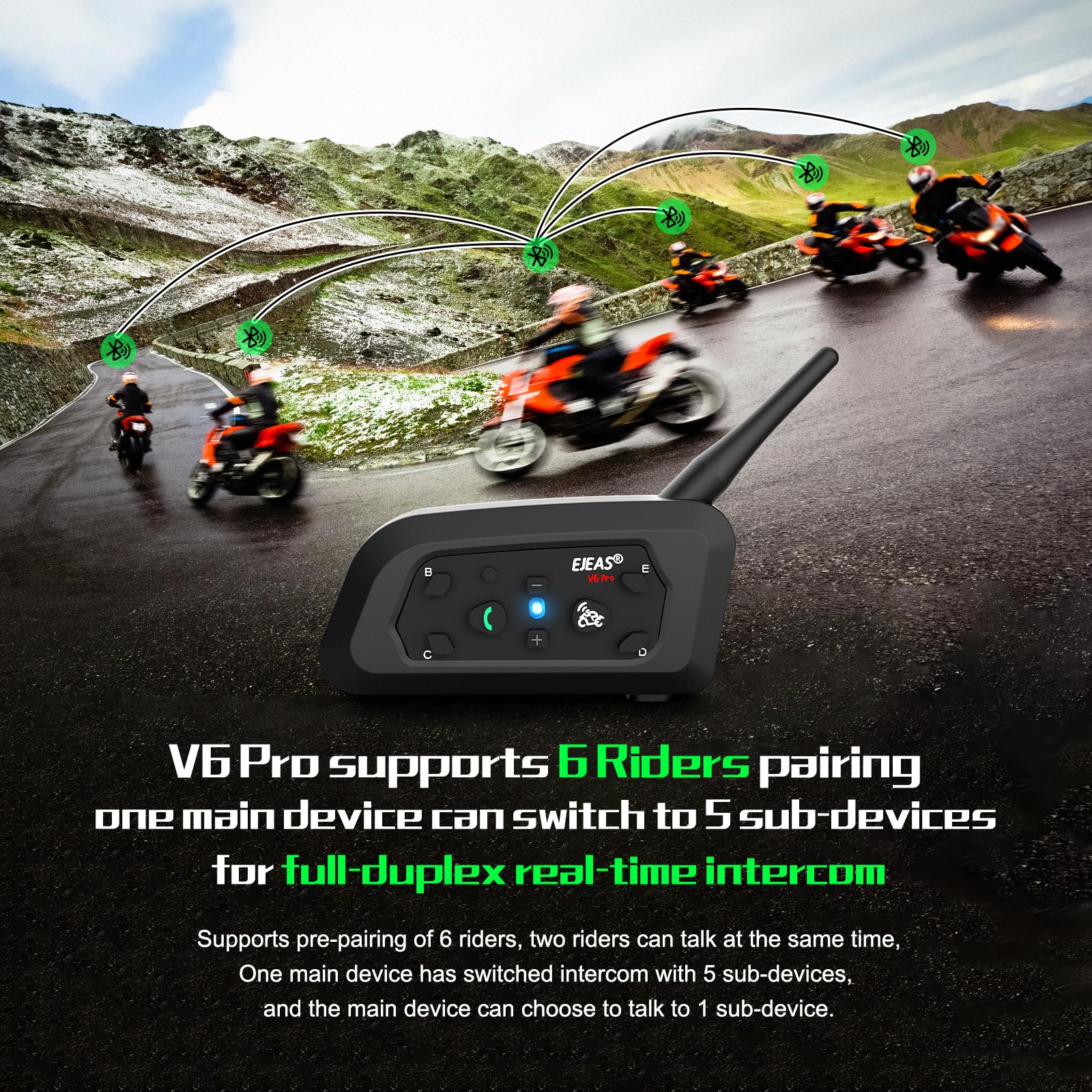 Ejeas Motorcycle Helmet Bluetooth Headset V6 Pro, 2-Way 1200M Motorbike Intercom Communication System For Ski/Atv/Dirt Motorbike