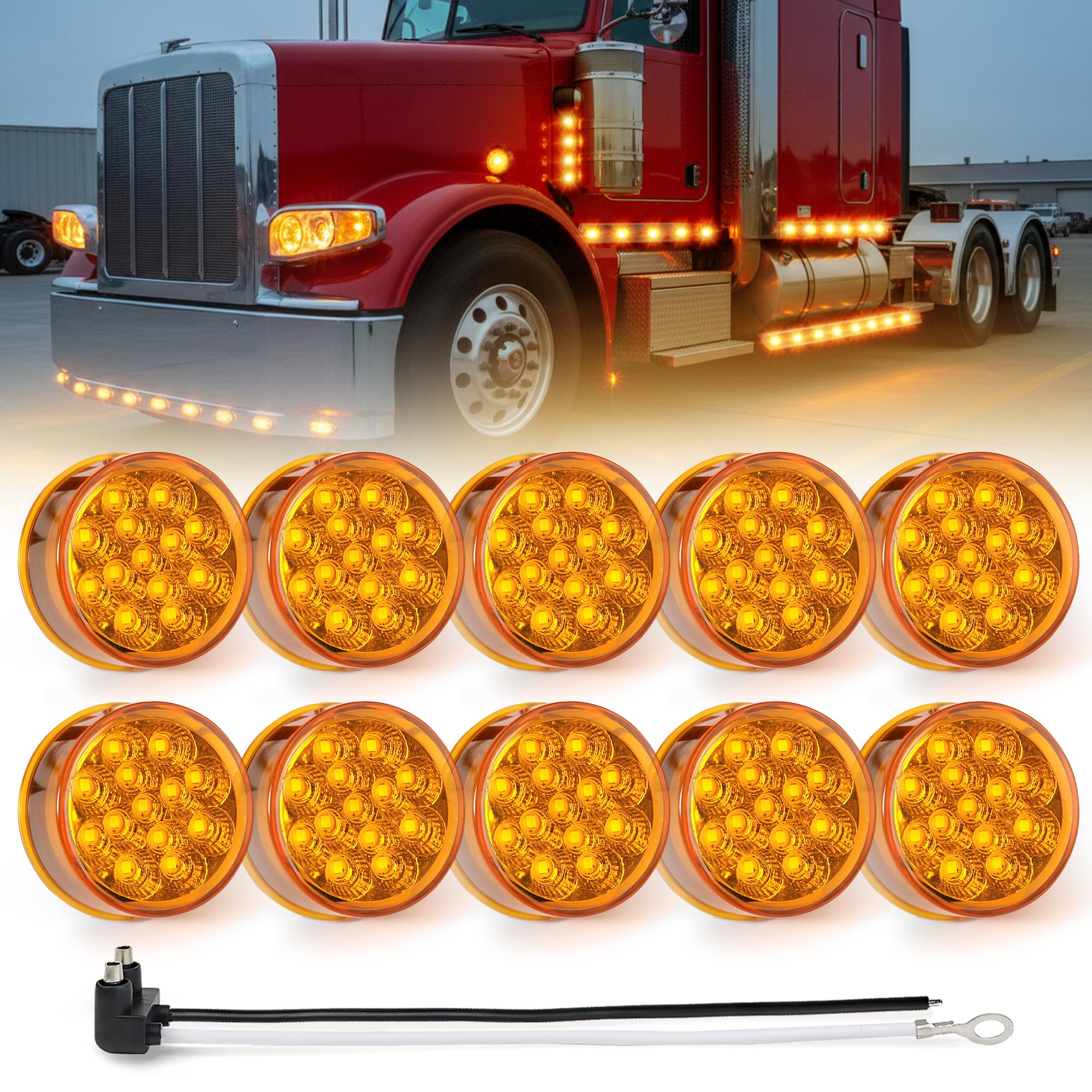 MADCATZ 10Pcs of 2.5    Mini Round Amber LED Marker Lights 13 Diodes w/2-Prong Pigtail, Sealed Waterproof 12V DC for Truck Trail